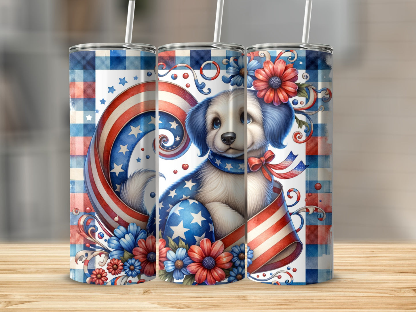 Tribute tumbler with patriotic dog, stars, and red, white, blue flowers.