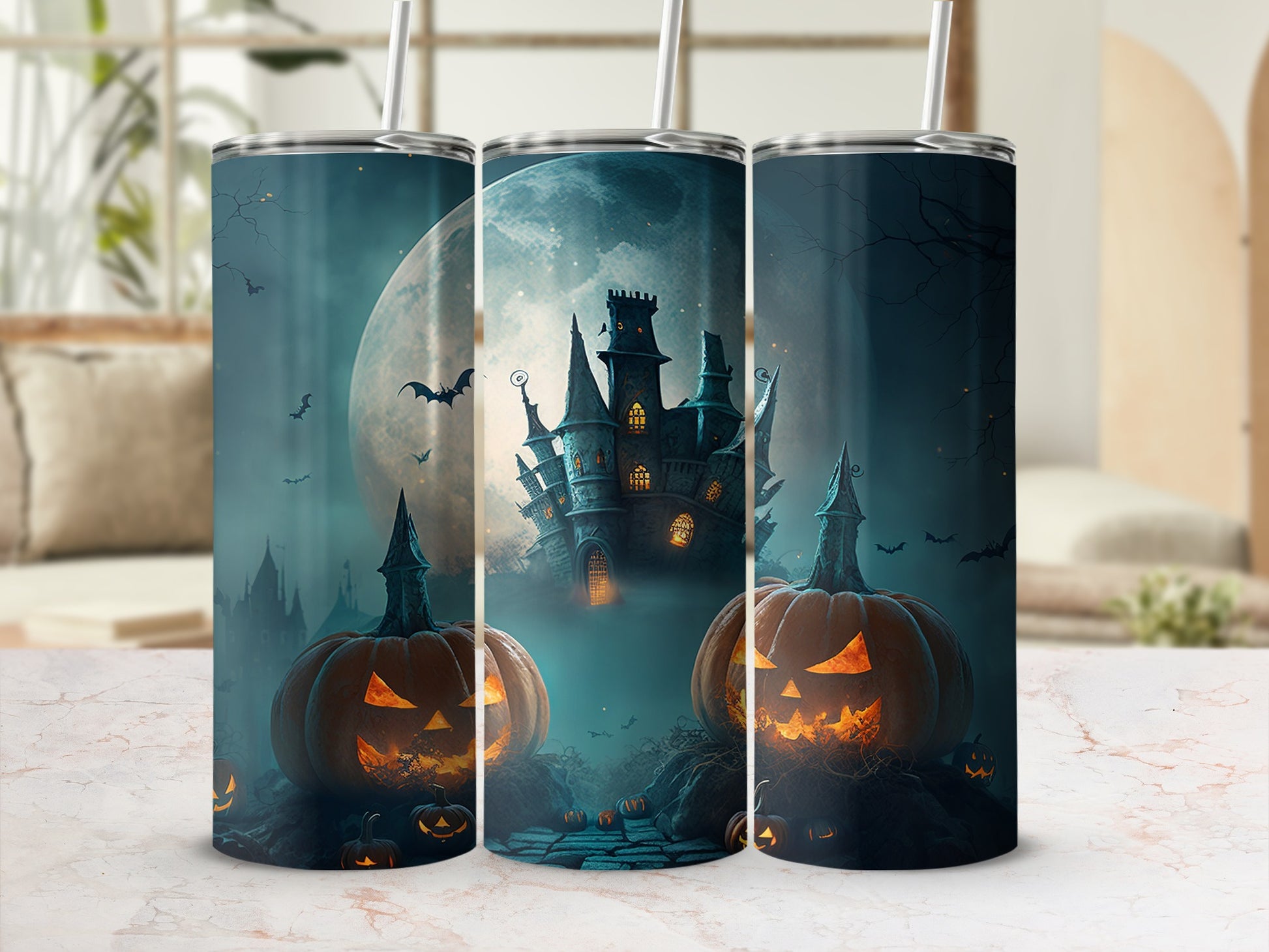 Spooky Halloween Castle and Pumpkin Design Tumbler