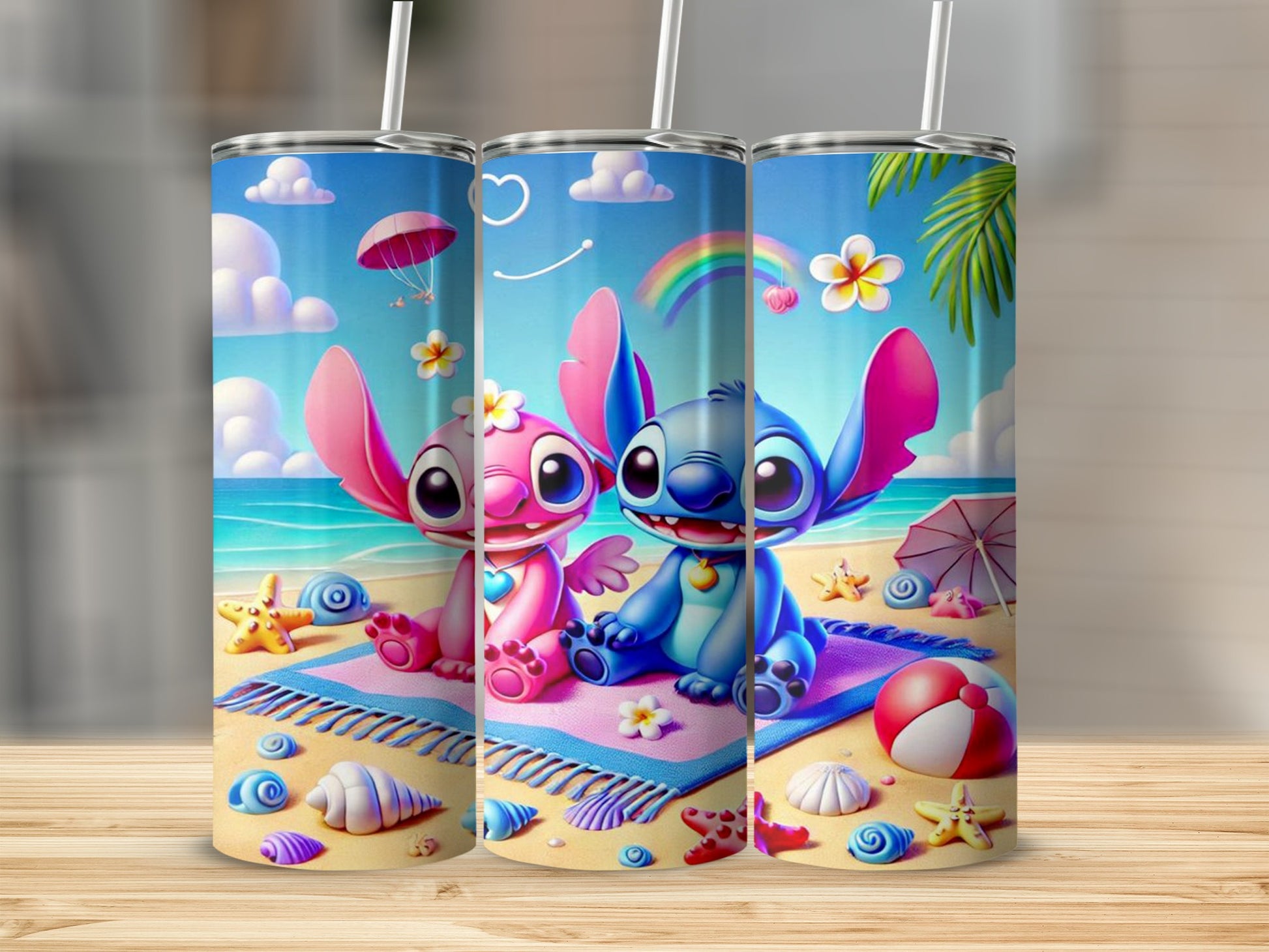 Cute Alien Characters Beach Scene Tumbler with Straw