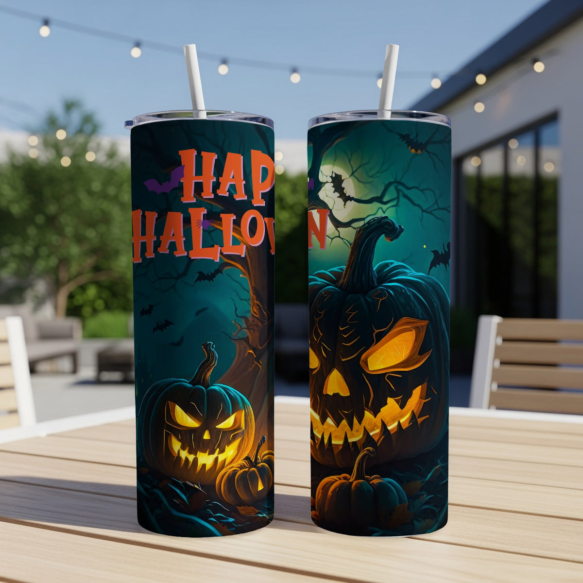 Two Halloween tumblers featuring jack-o'-lanterns and "Happy Halloween" text.