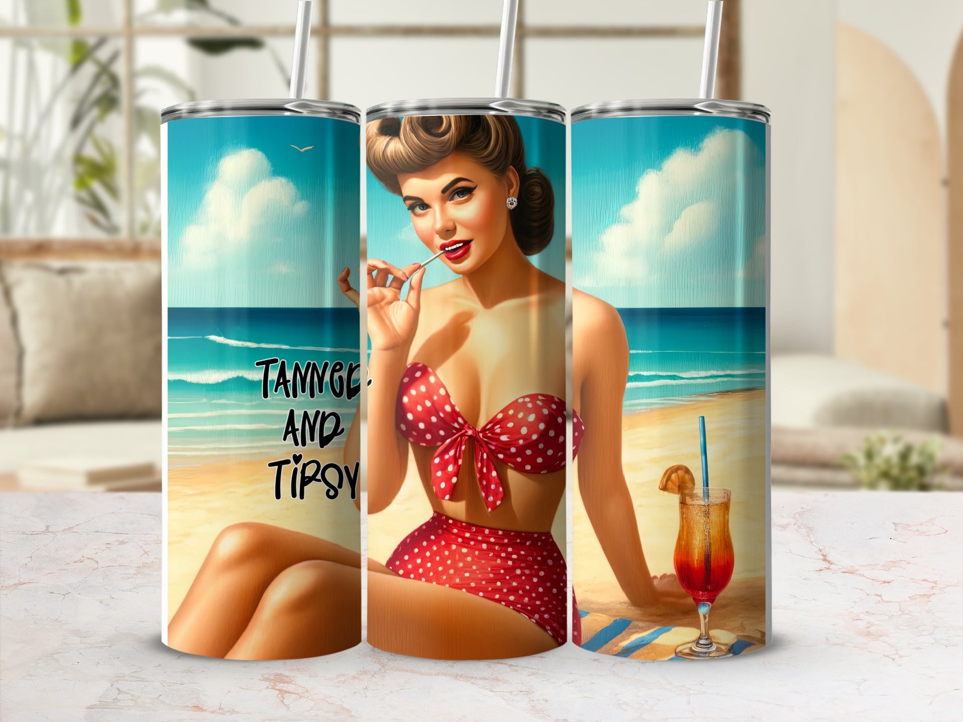 TannGge and Tipsy tumbler with pin-up girl on beach.