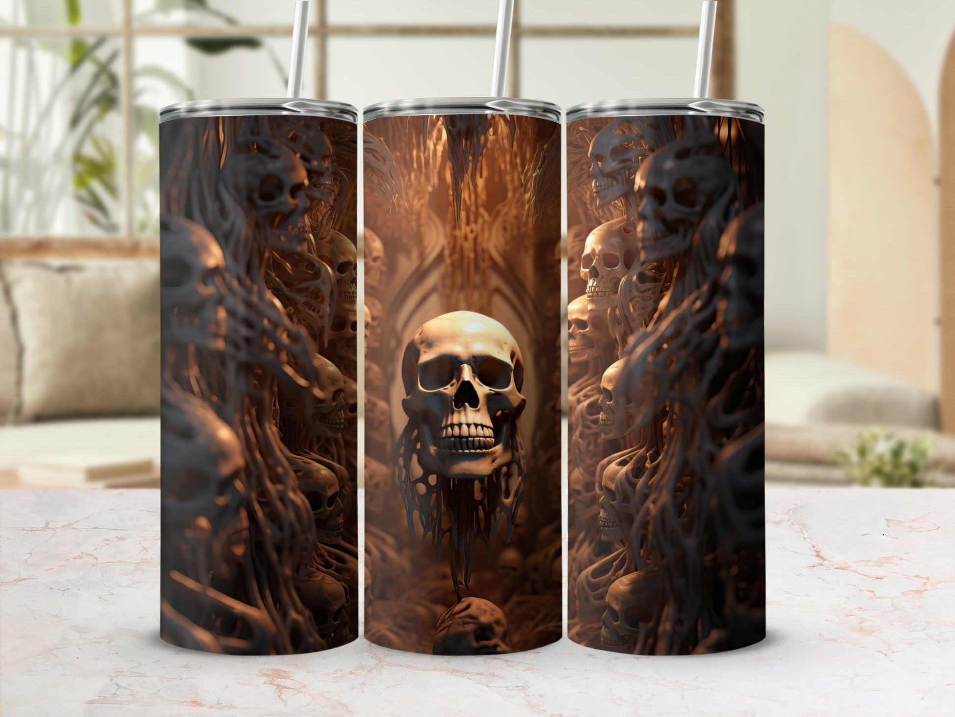 Triptych of tumblers with a dark, swirling skull and bone design.