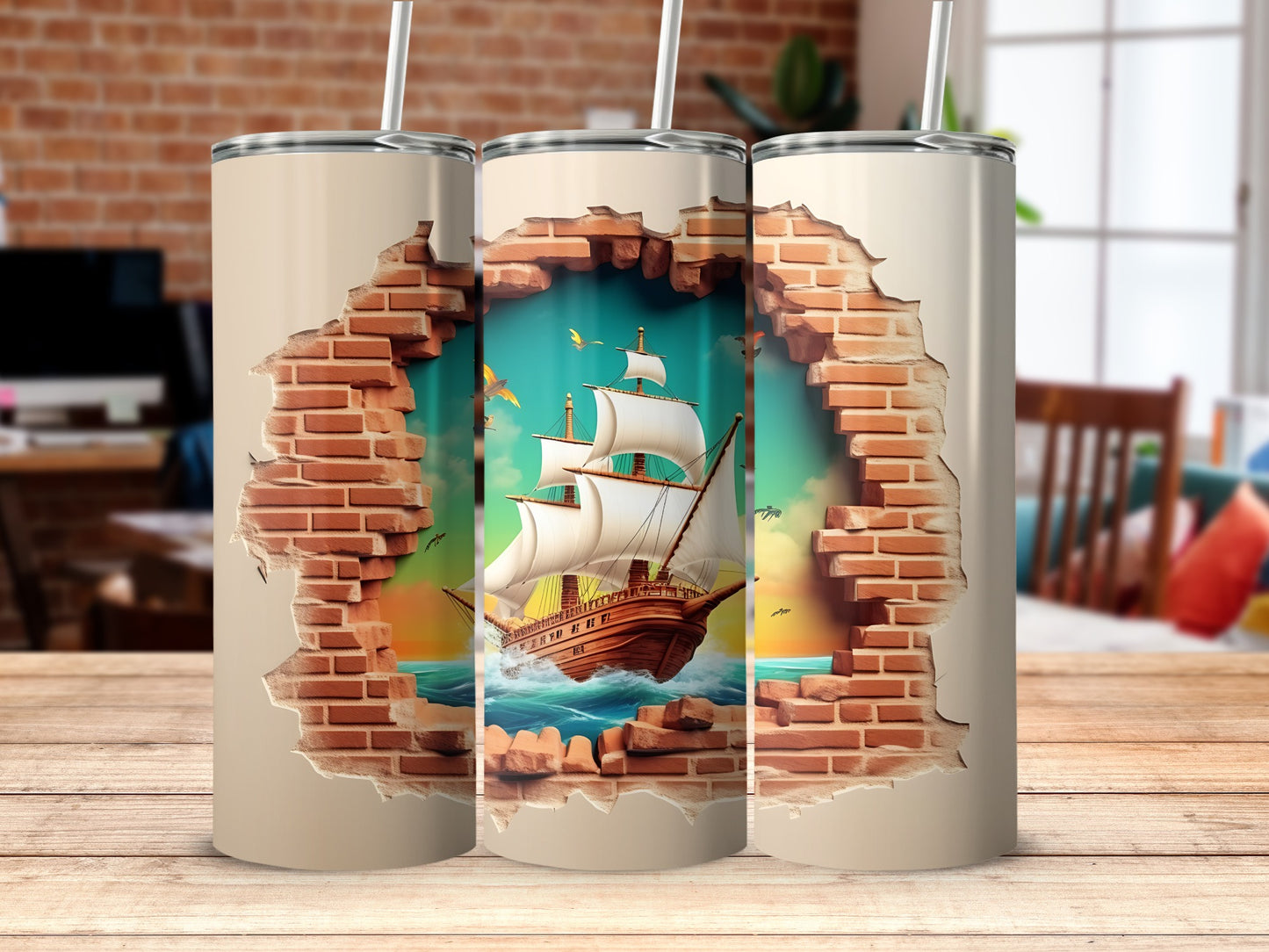 Ship Sailing Through Brick Wall Graphic Tumbler