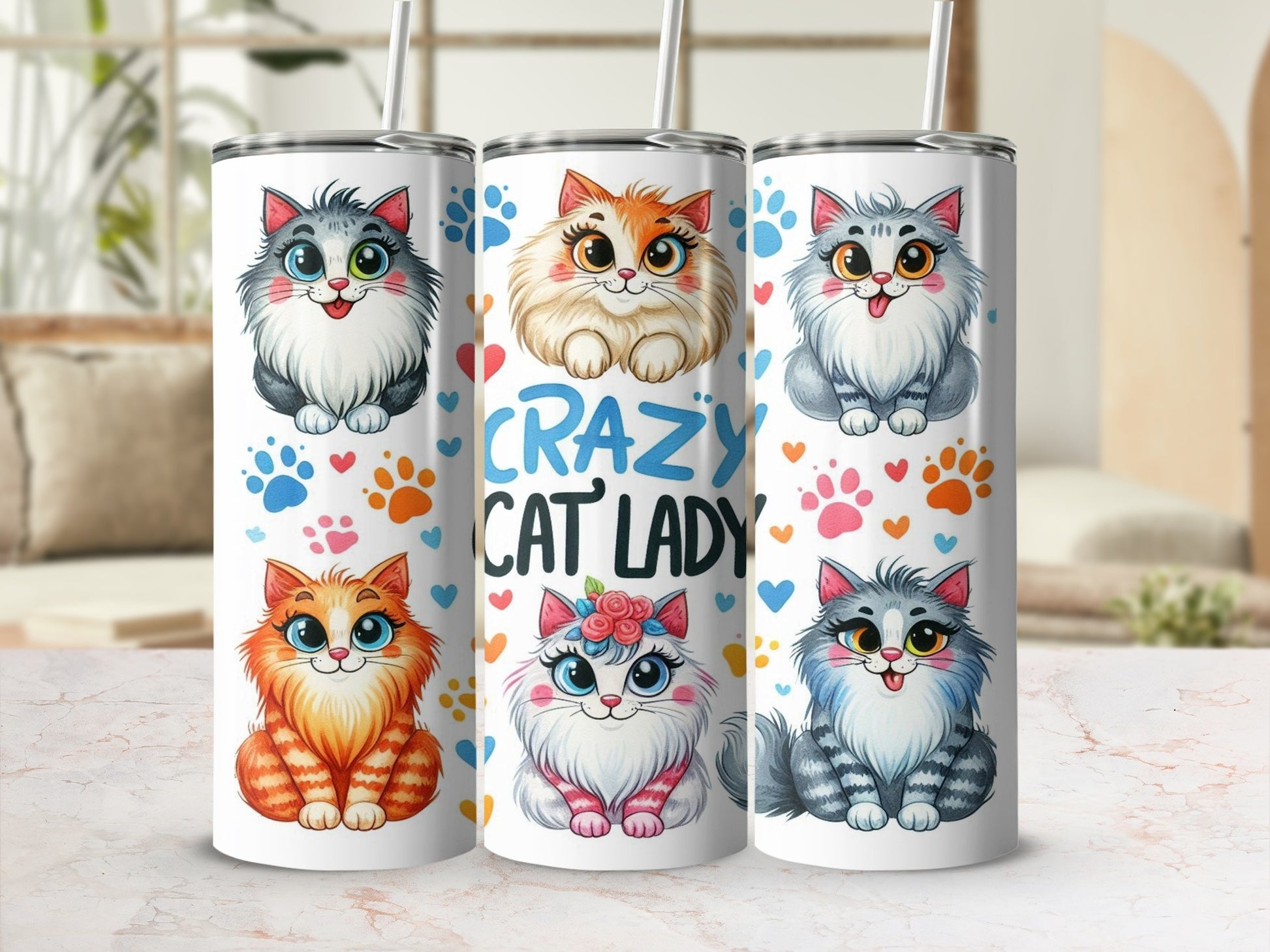 Tumbler with four cartoon cats and "Crazy Cat Lady" text.