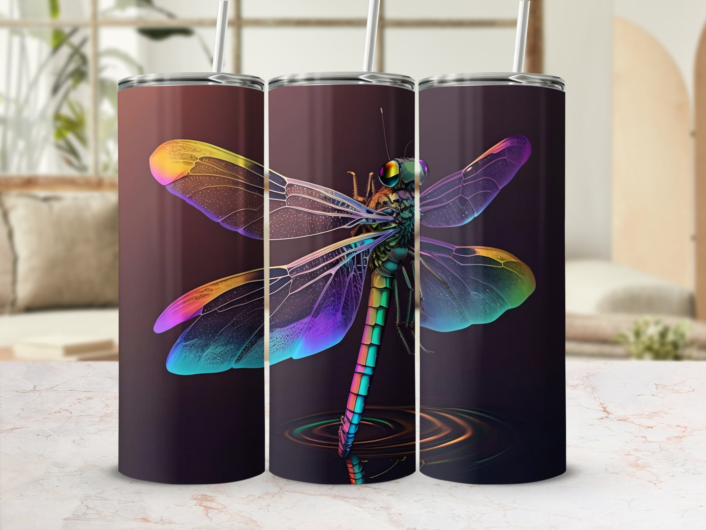 Vibrant Rainbow Dragonfly Tumbler With Straw Cup