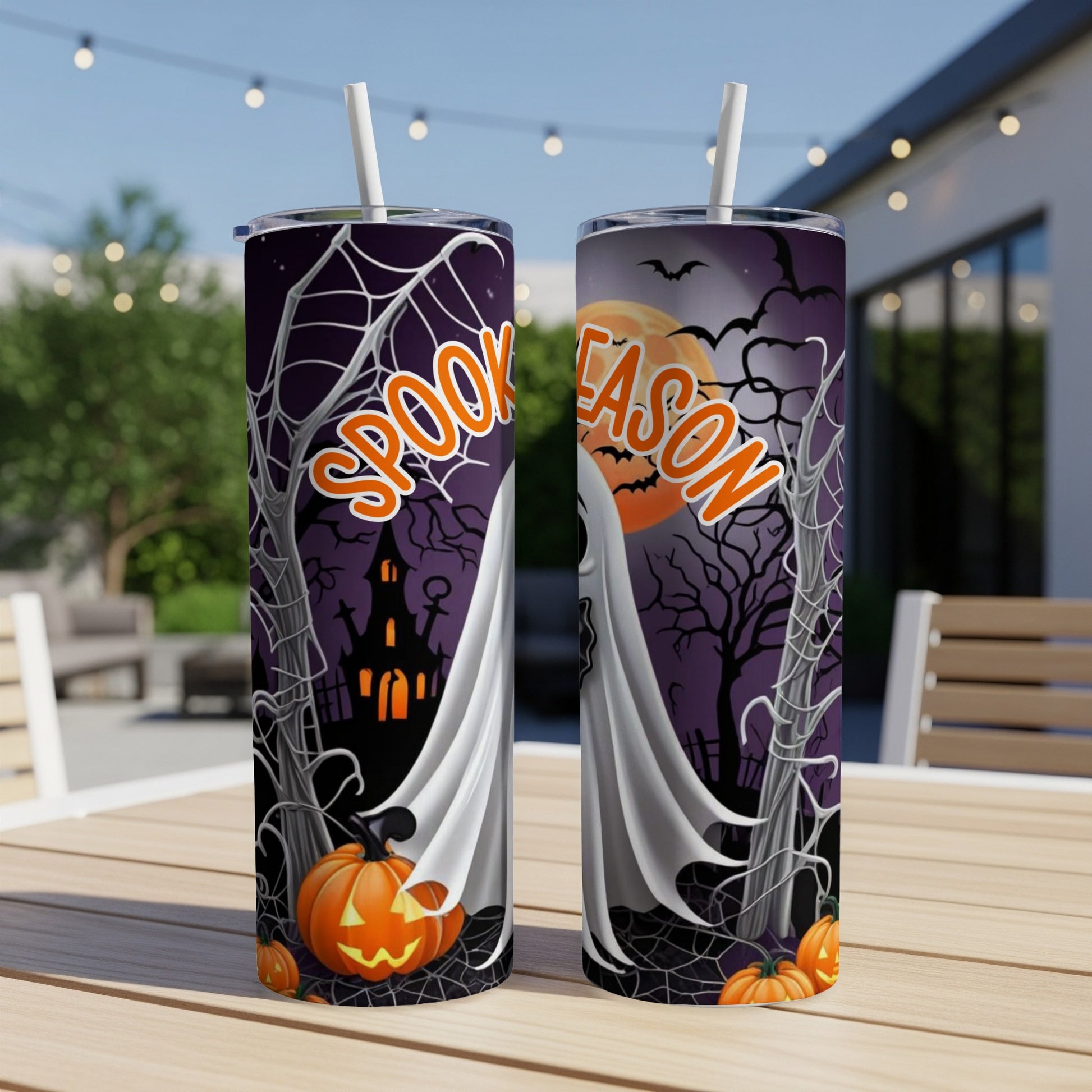 Two tumblers with a spooky Halloween design featuring pumpkins, ghosts, and the text "Spook Season".