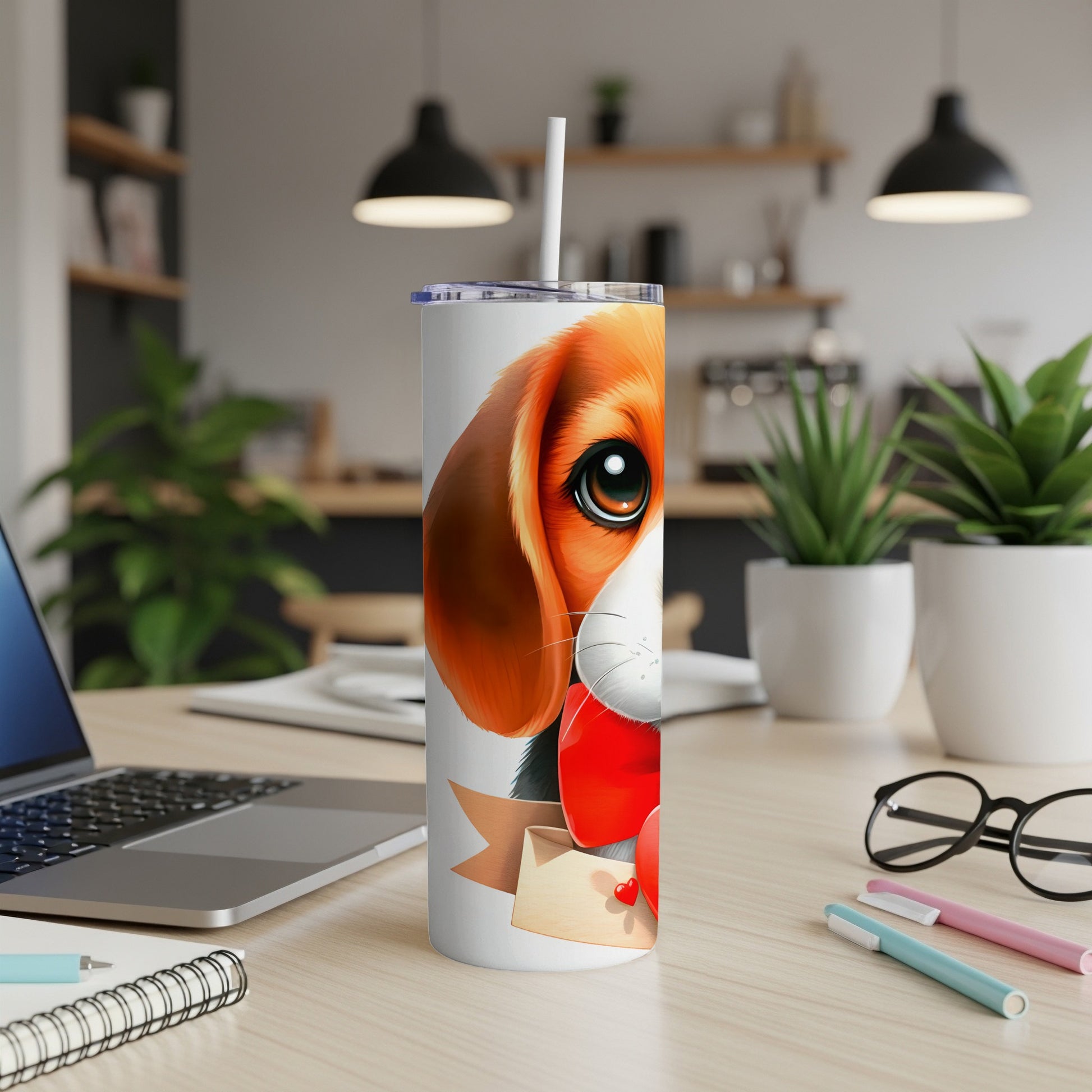 Beagle dog with red bow on tumbler with white straw and red heart.