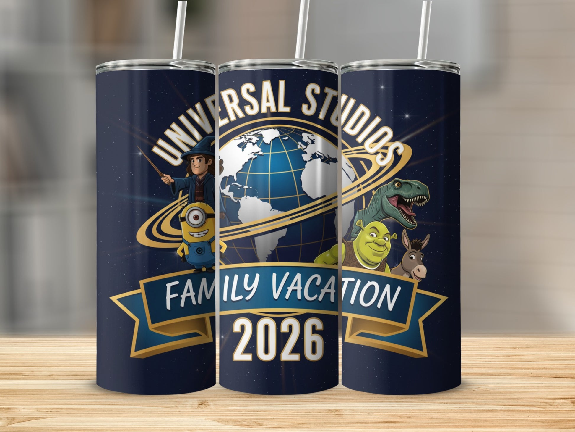 Universal Studios Family Vacation 2026 tumbler with characters.
