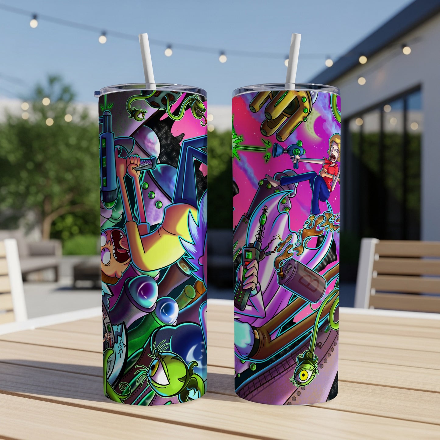 Rick and Morty characters and elements on two colorful stainless steel tumblers.