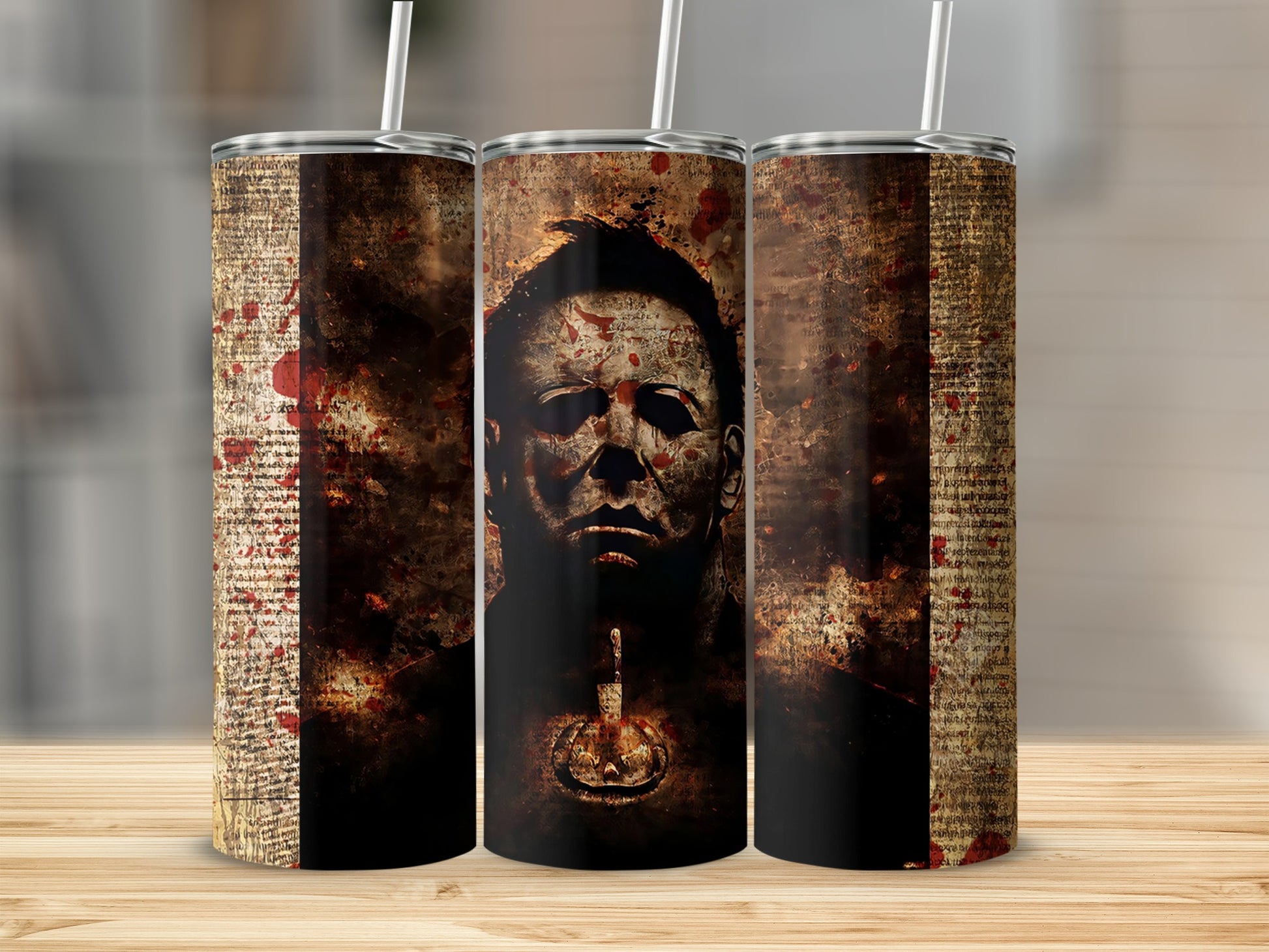 Michael Myers tumbler with bloody grunge background and straw.