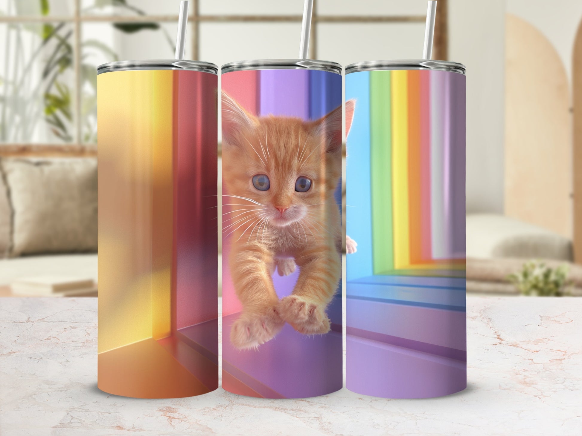 Orange kitten with outstretched paws on a rainbow-patterned tumbler.