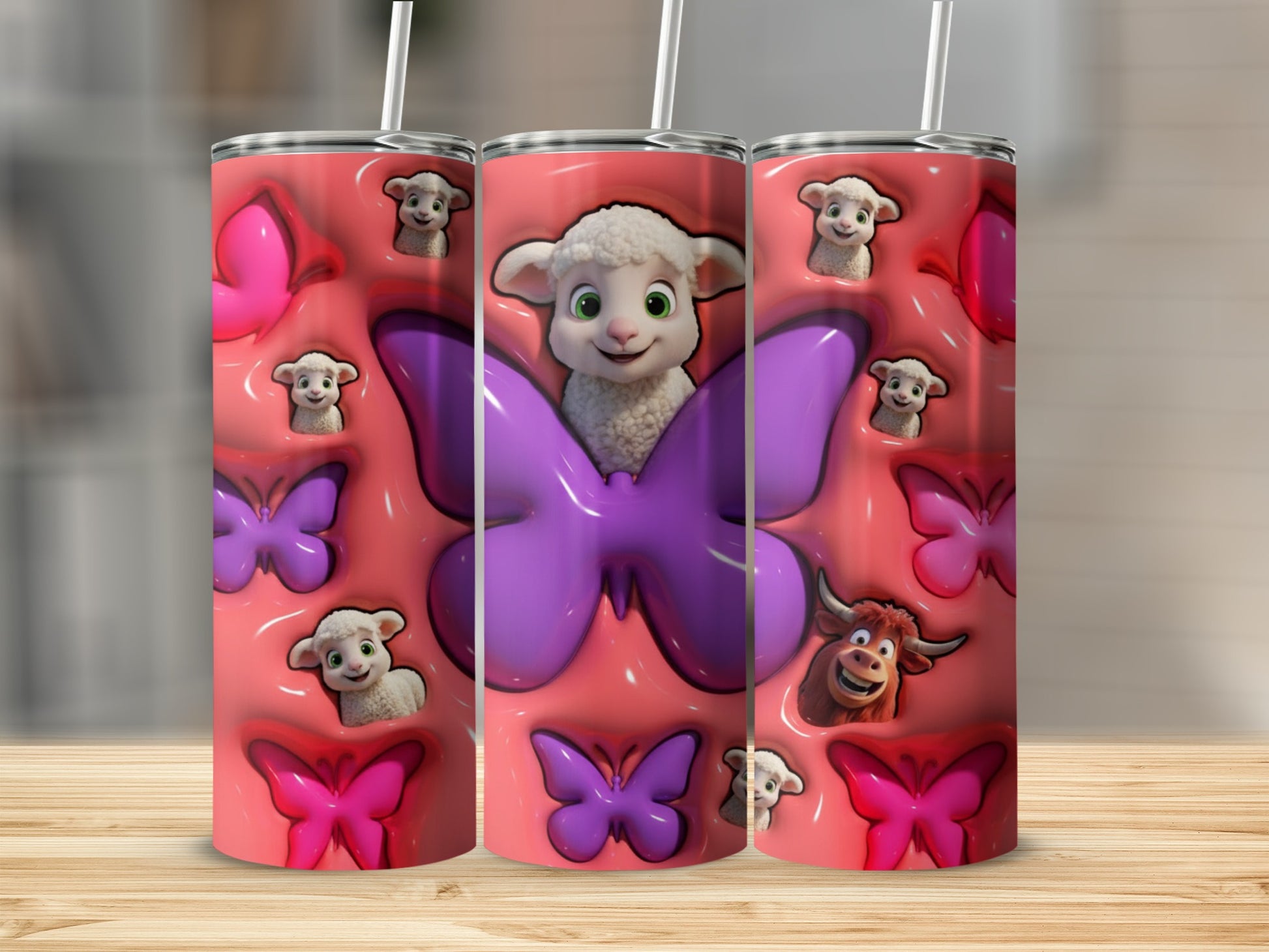 Cute Cartoon Sheep and Butterflies Design Tumbler