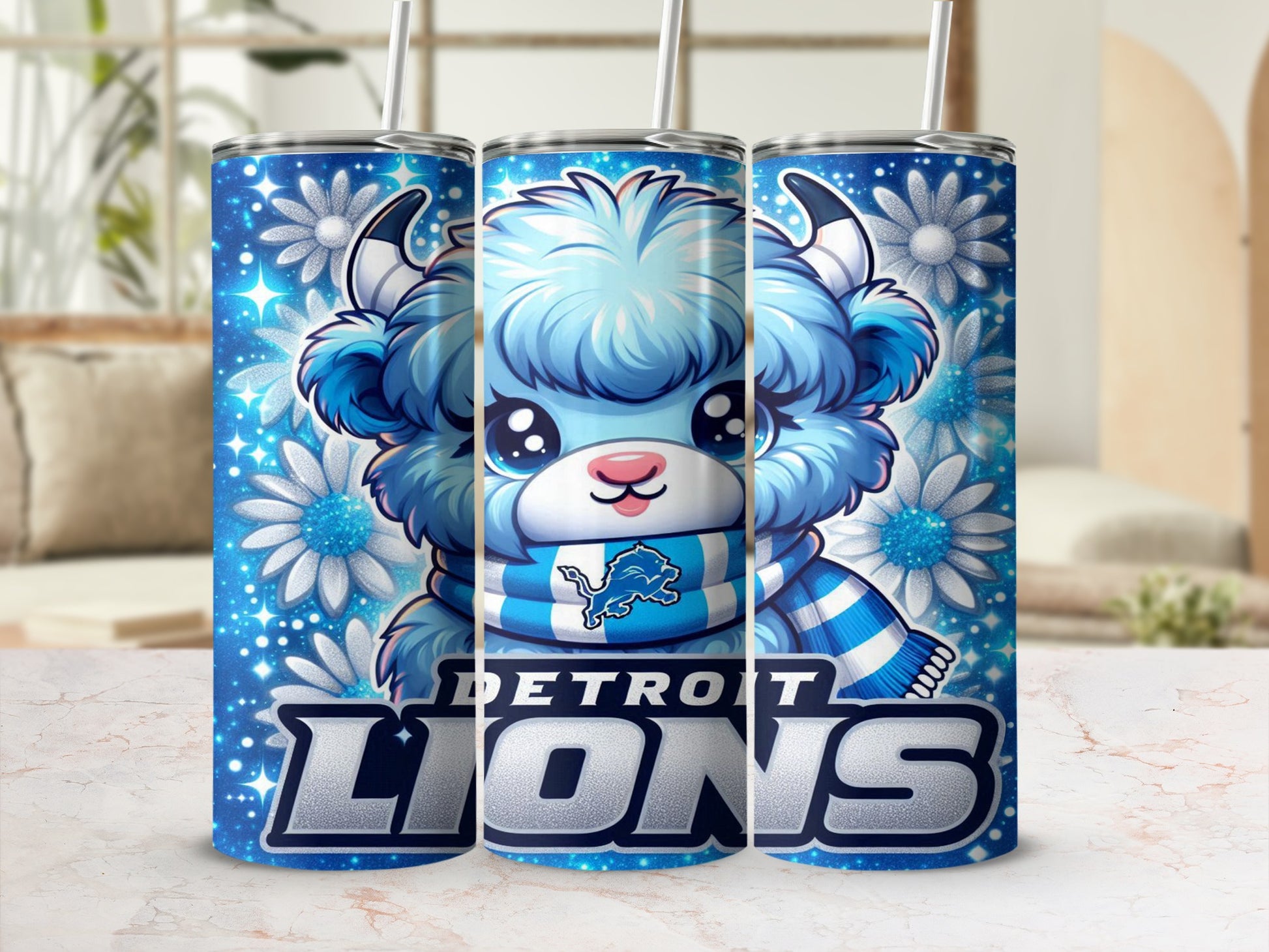 Blue fuzzy monster character wearing Detroit Lions scarf and logo on tumbler.