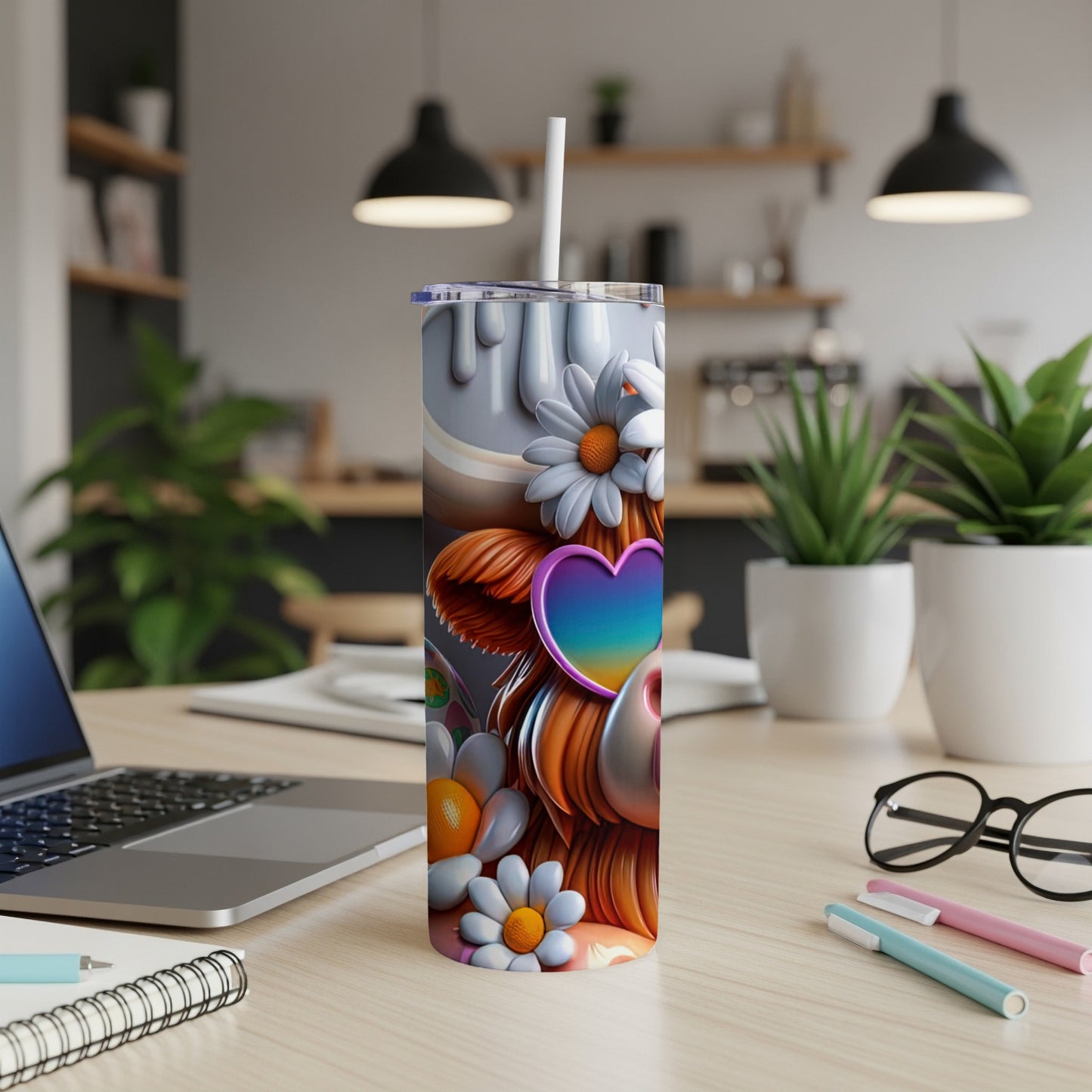 Tumbler with cartoon dog, flowers, and heart-shaped sunglasses.