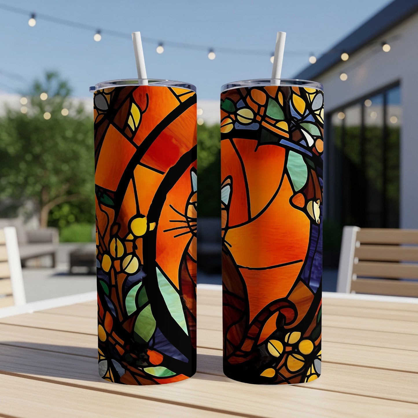 Two tumblers with stained glass cat design on outdoor table.