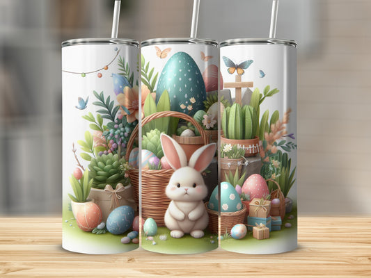 Easter bunny, eggs, succulents, and butterflies on a decorative tumbler.