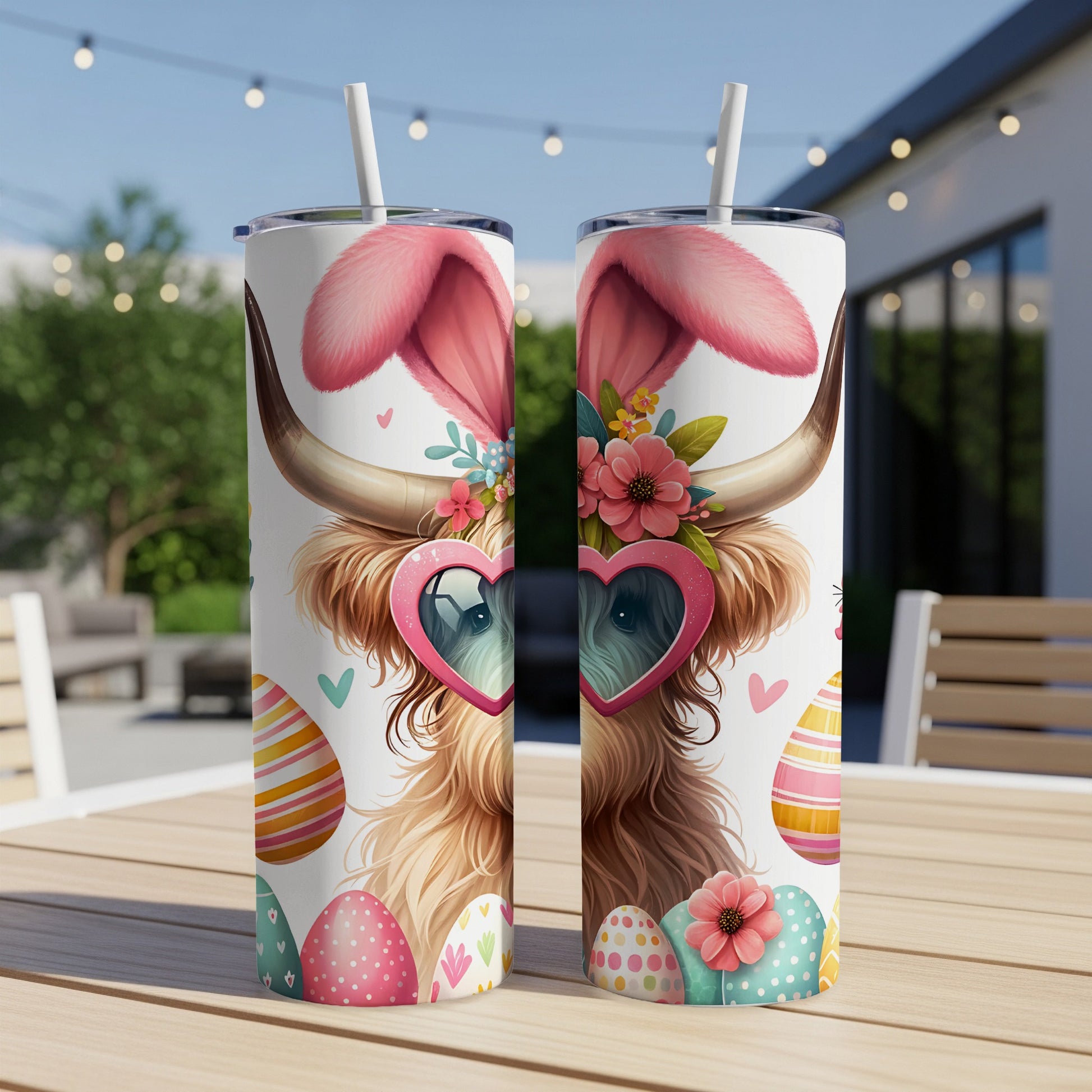 Two tumblers with a Highland cow wearing bunny ears and heart sunglasses, Easter eggs.