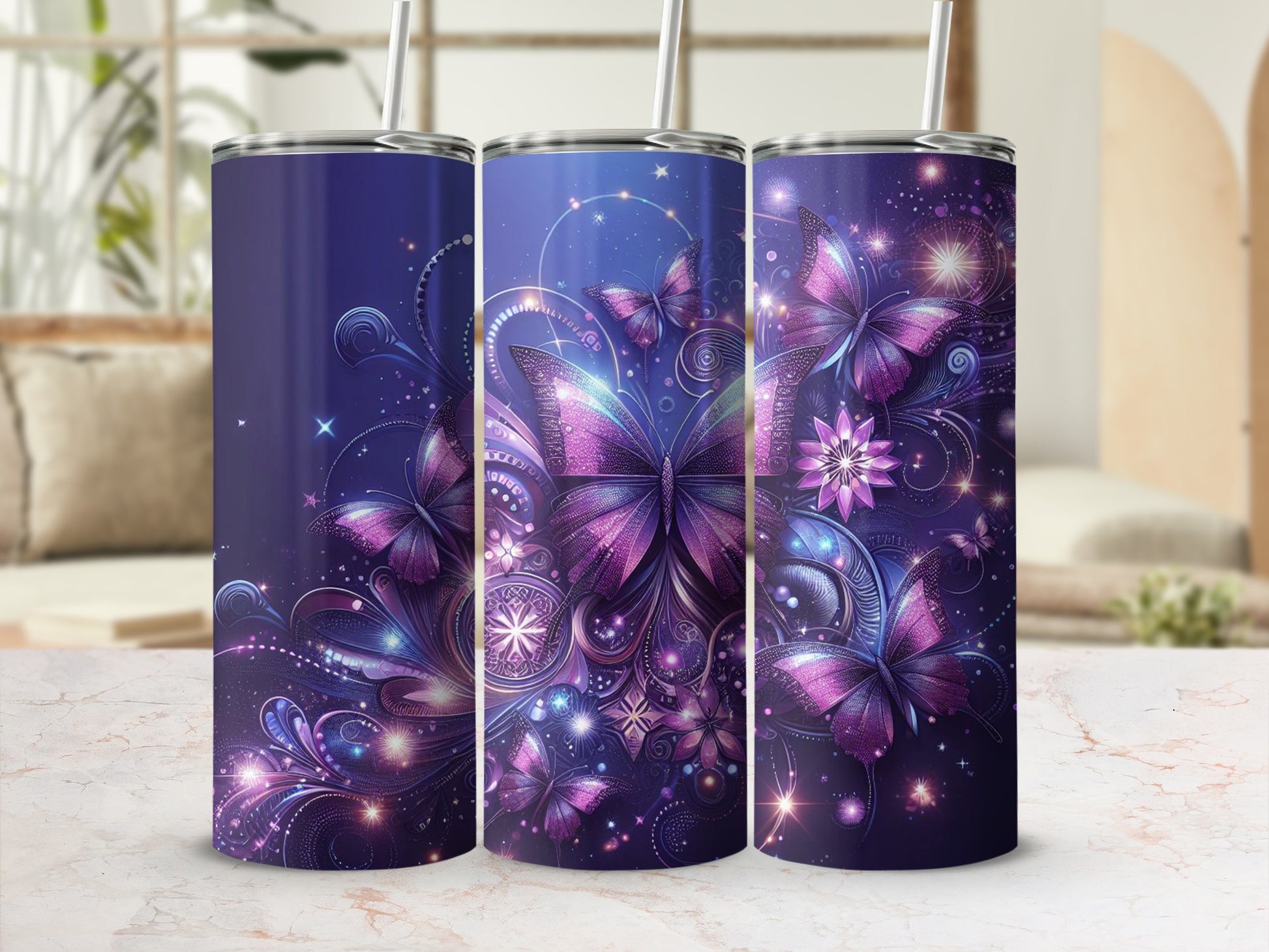Purple Butterfly Fantasy Design Tumbler with Straw