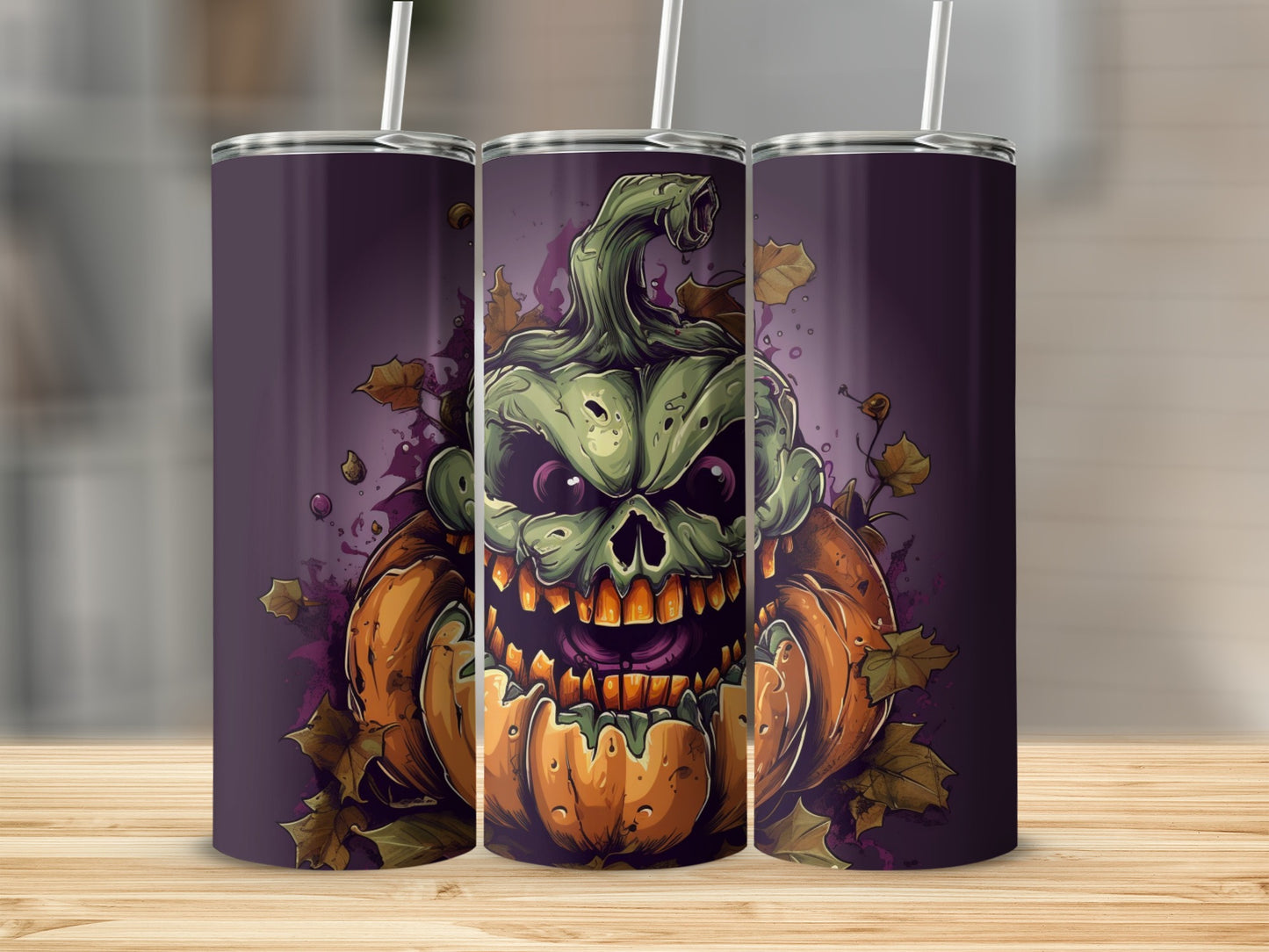 Three tumblers featuring a detailed illustration of a grinning, skeletal pumpkin with autumn leaves.