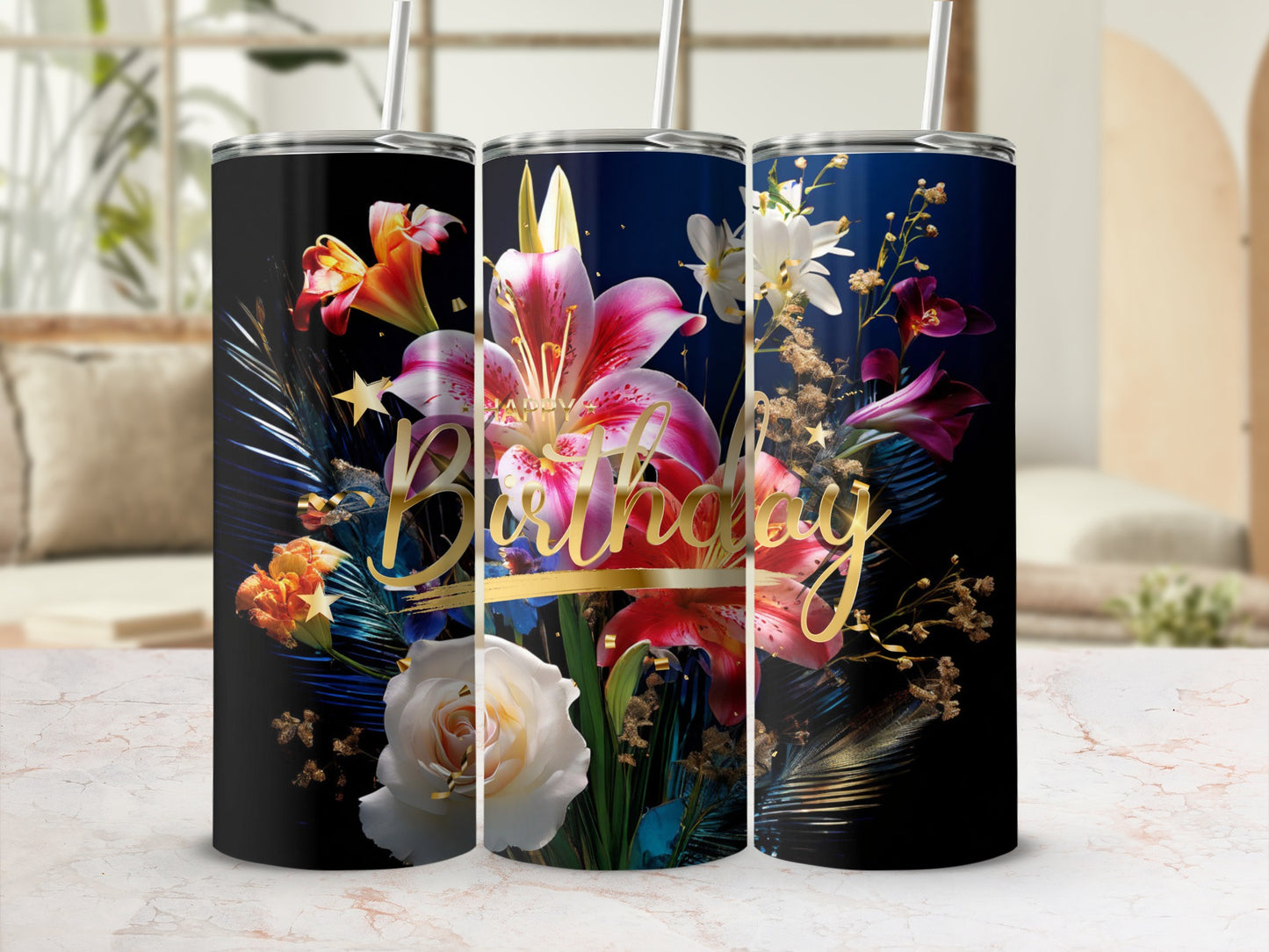 Birthday tumbler with floral design and gold "Happy Birthday" text.