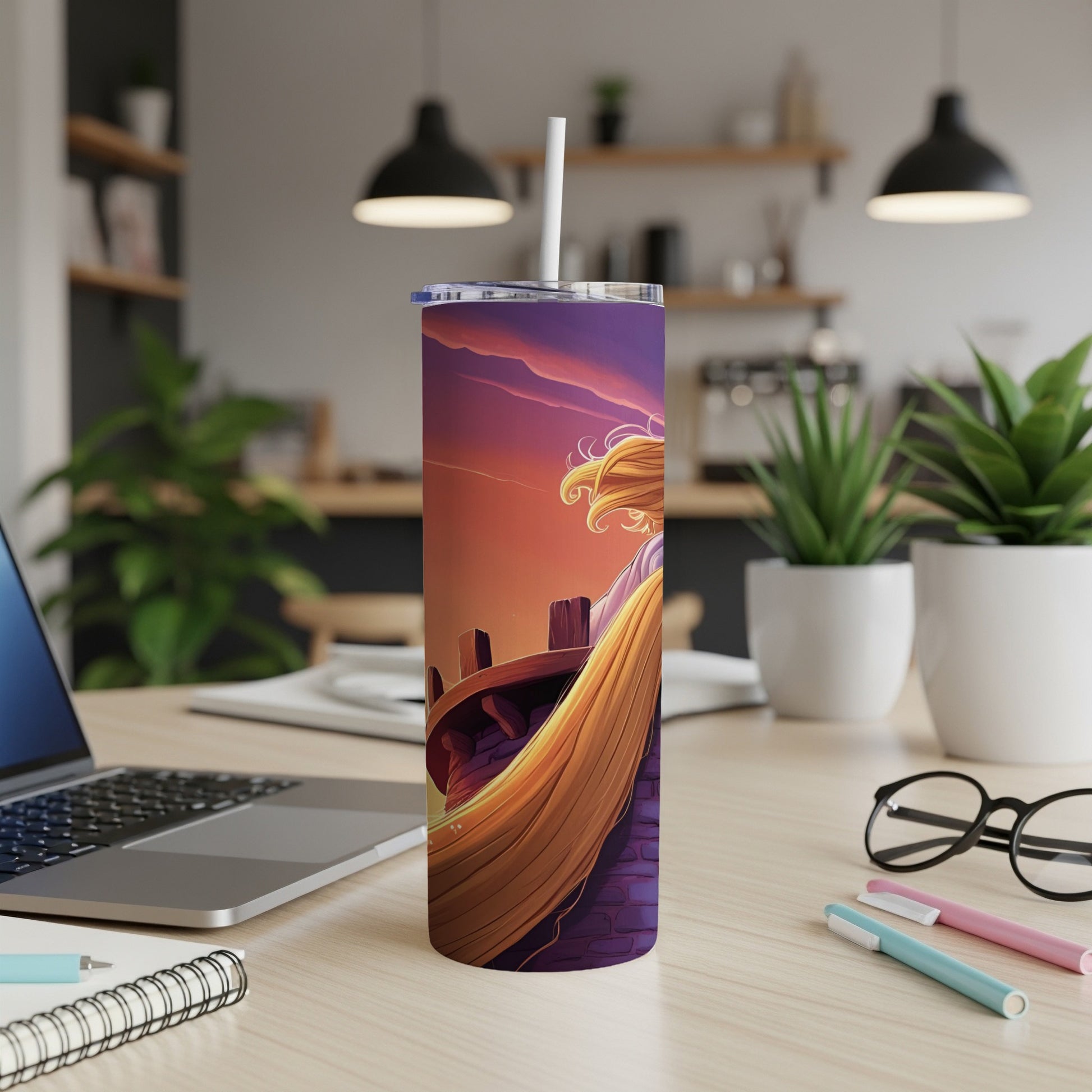 Tumbler with blonde woman in orange sunset gradient, standing on rooftop.