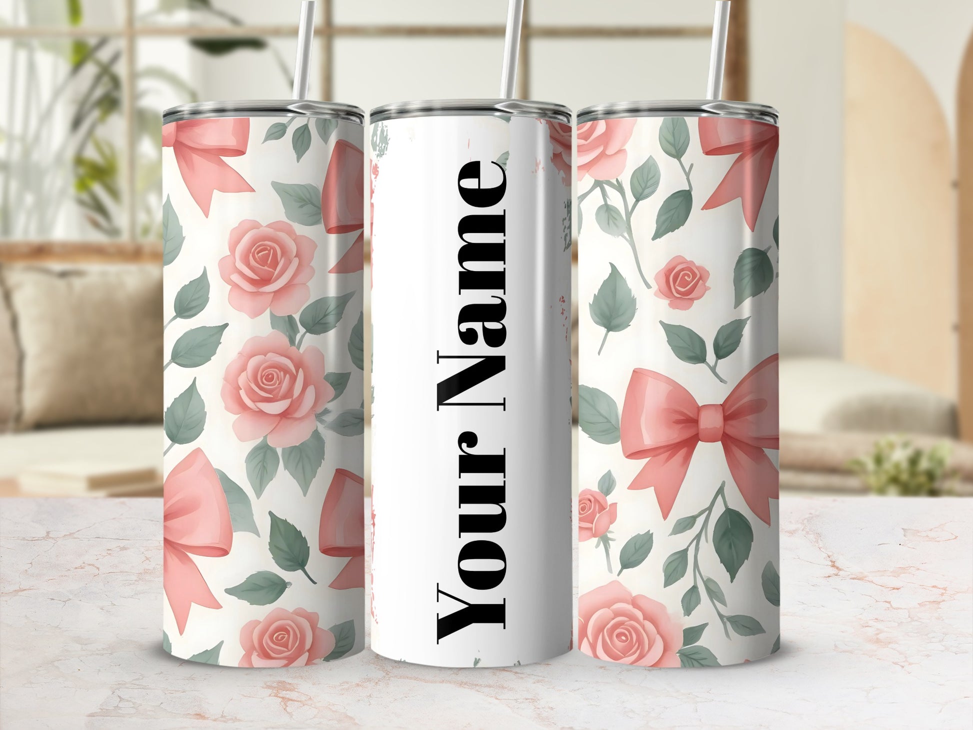 Personalized Floral Rose Pattern Tumbler with Bows