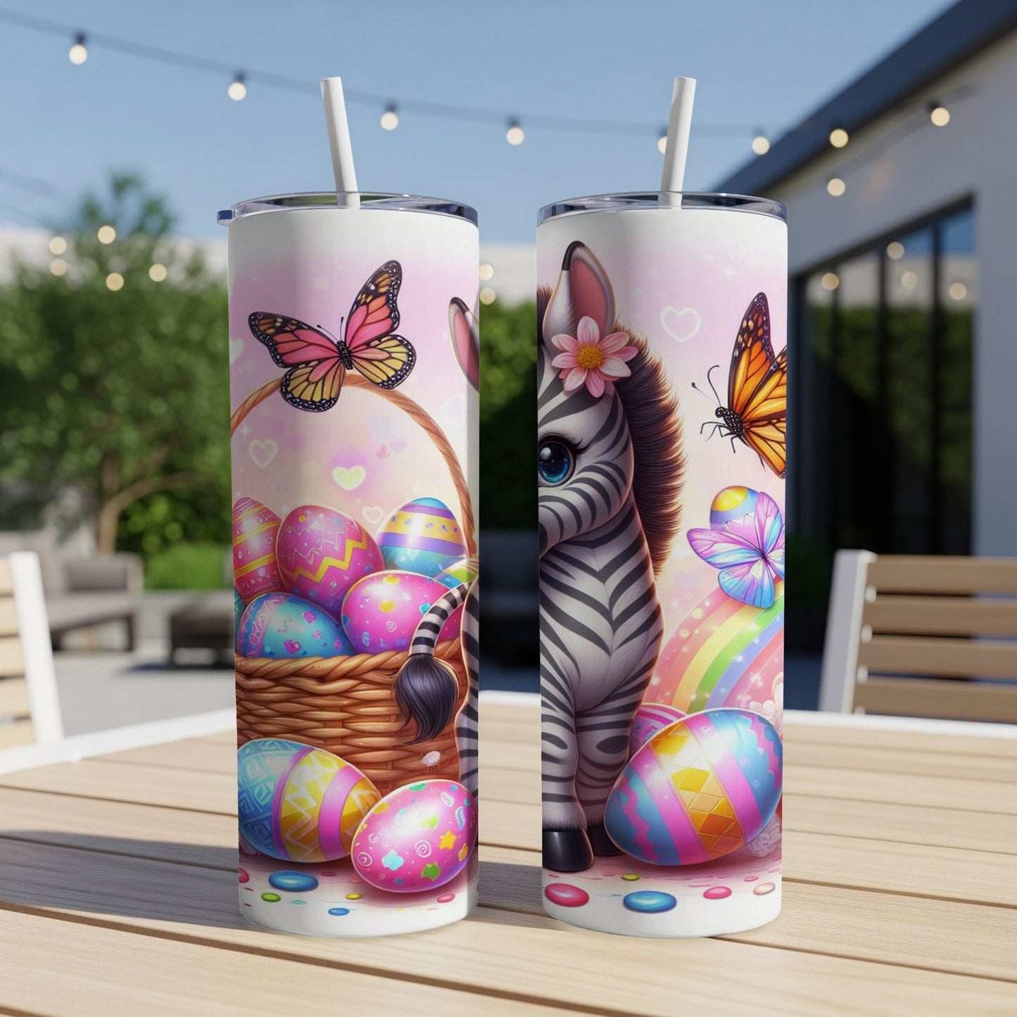 Zebra with Easter eggs in basket, butterflies, and rainbow.