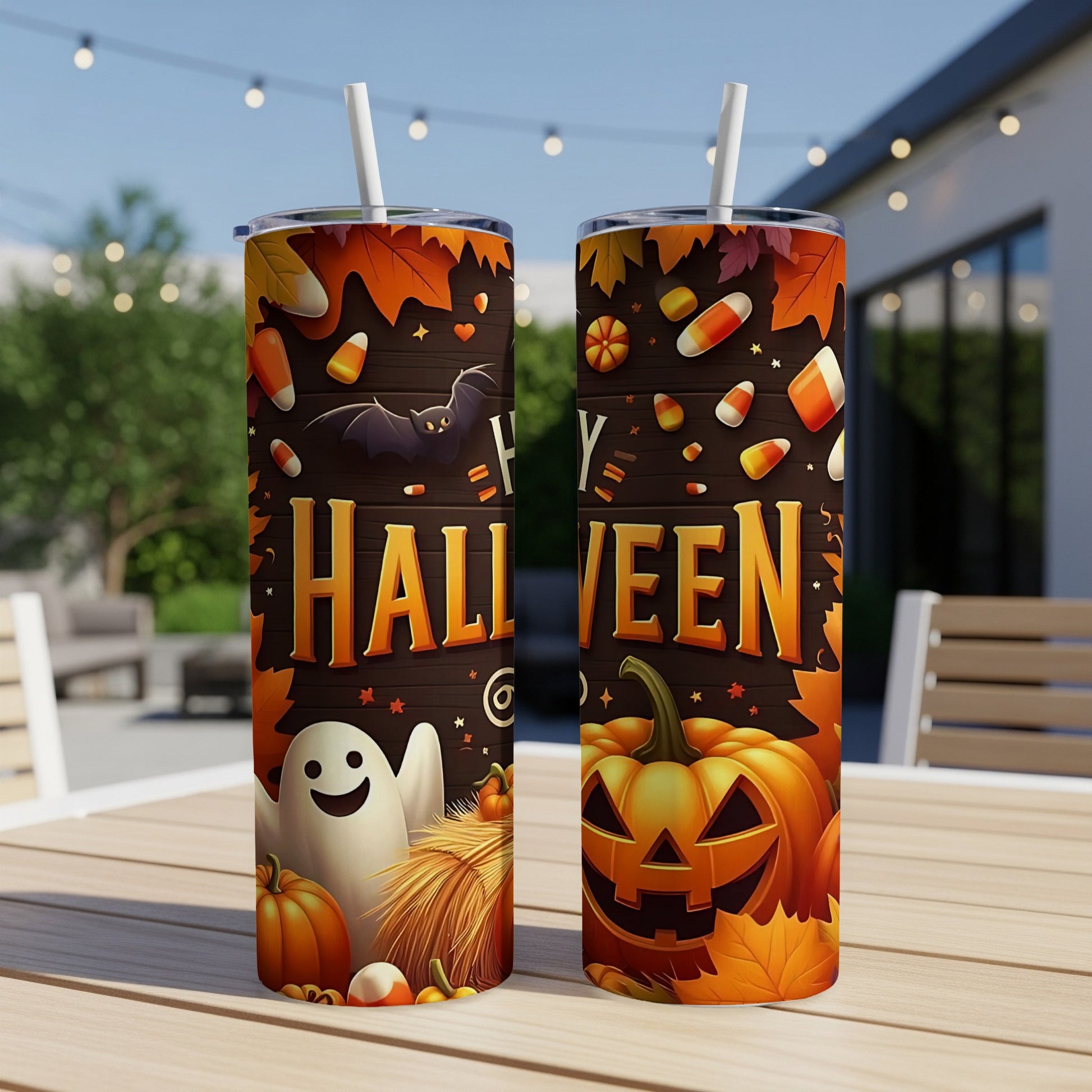 Halloween tumblers with ghost, bat, pumpkins, candy corn, and autumn leaves designs.