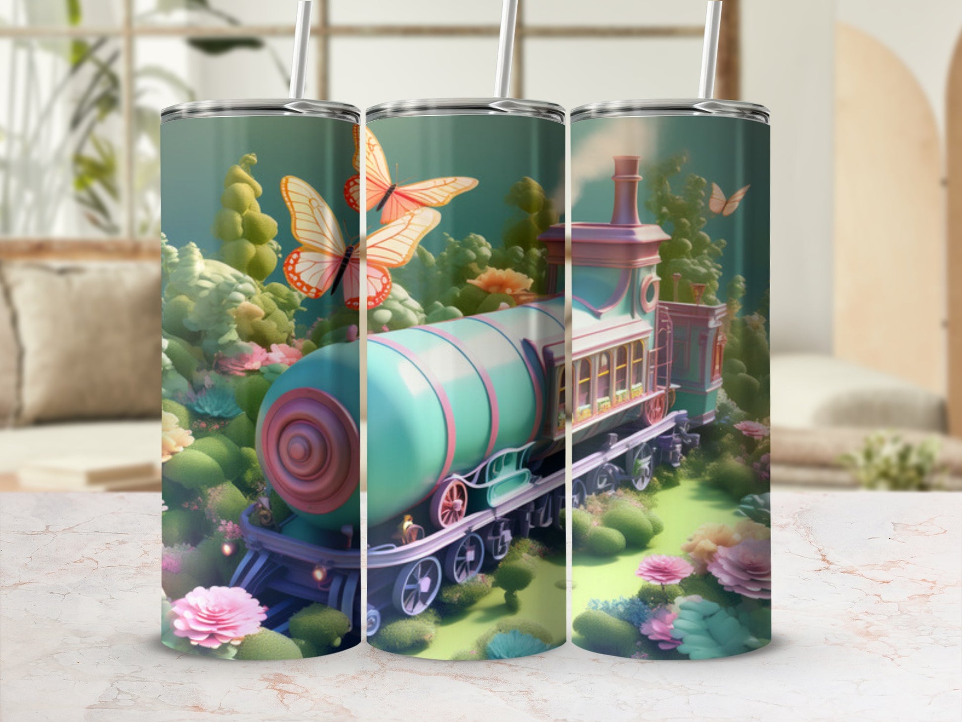 Train with butterflies and flowers on a grassy landscape.