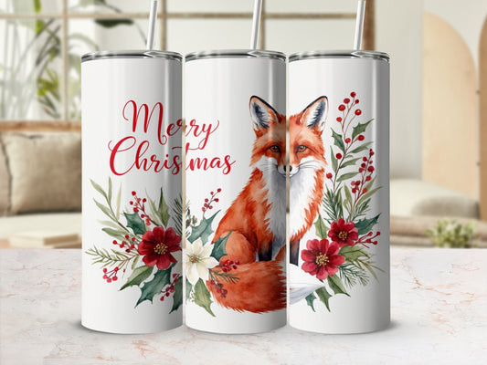 Merry Christmas tumbler with a fox, red flowers, and greenery.