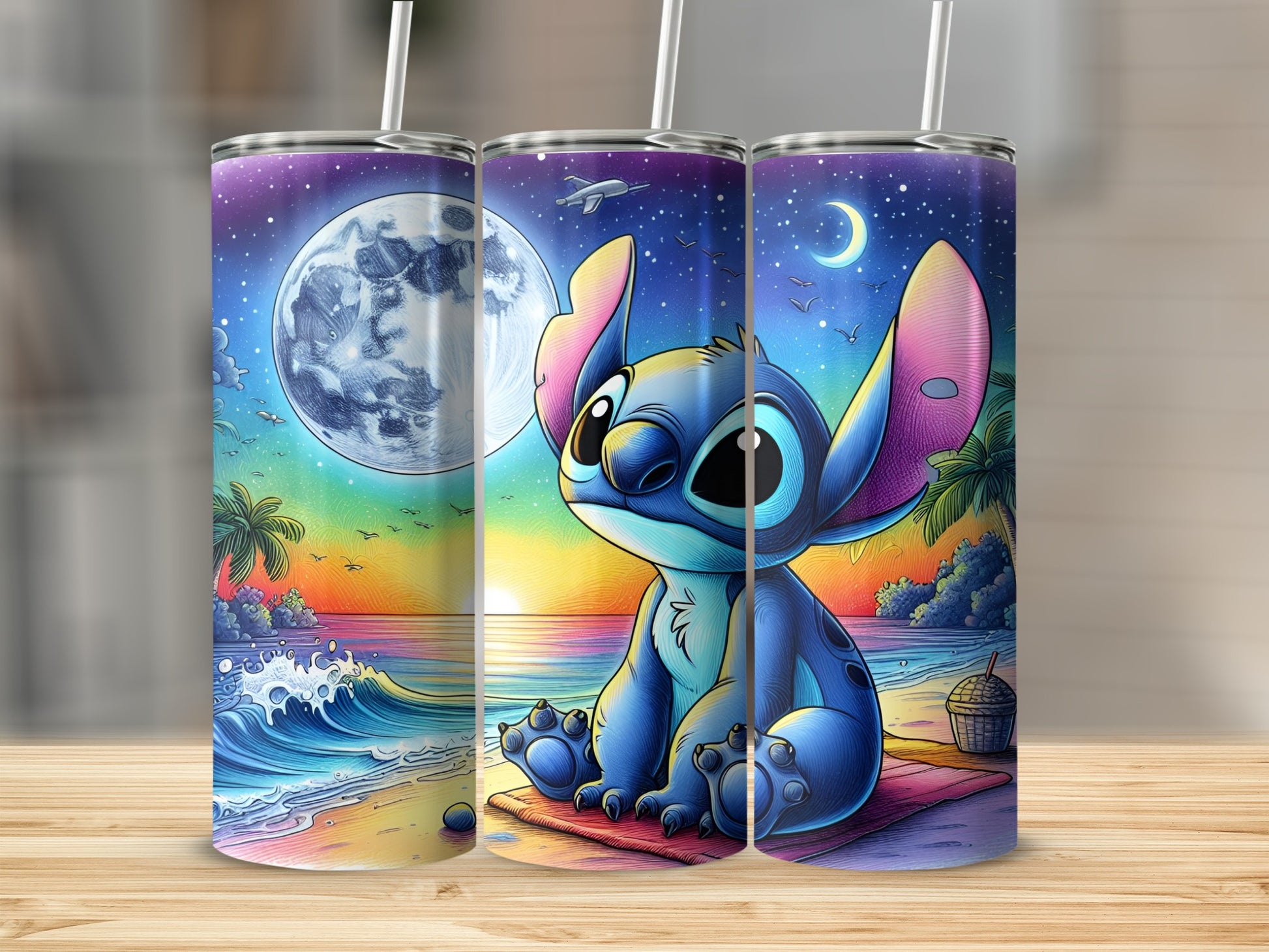 Stitch sits on a beach under a full moon with colorful sky and ocean waves.
