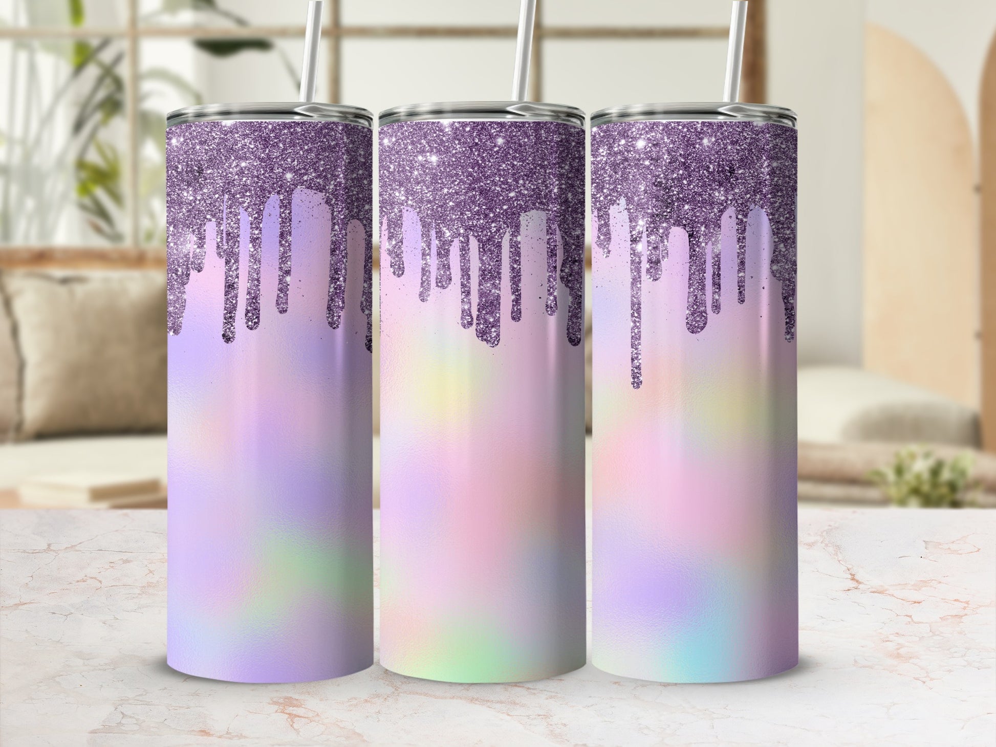 Three tumblers with purple glitter drip and pastel ombre design.