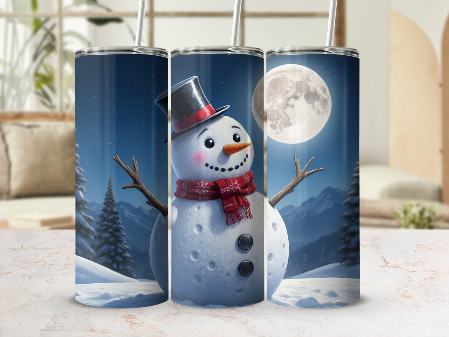 Snowman in winter scene wearing top hat and scarf, full moon overhead.