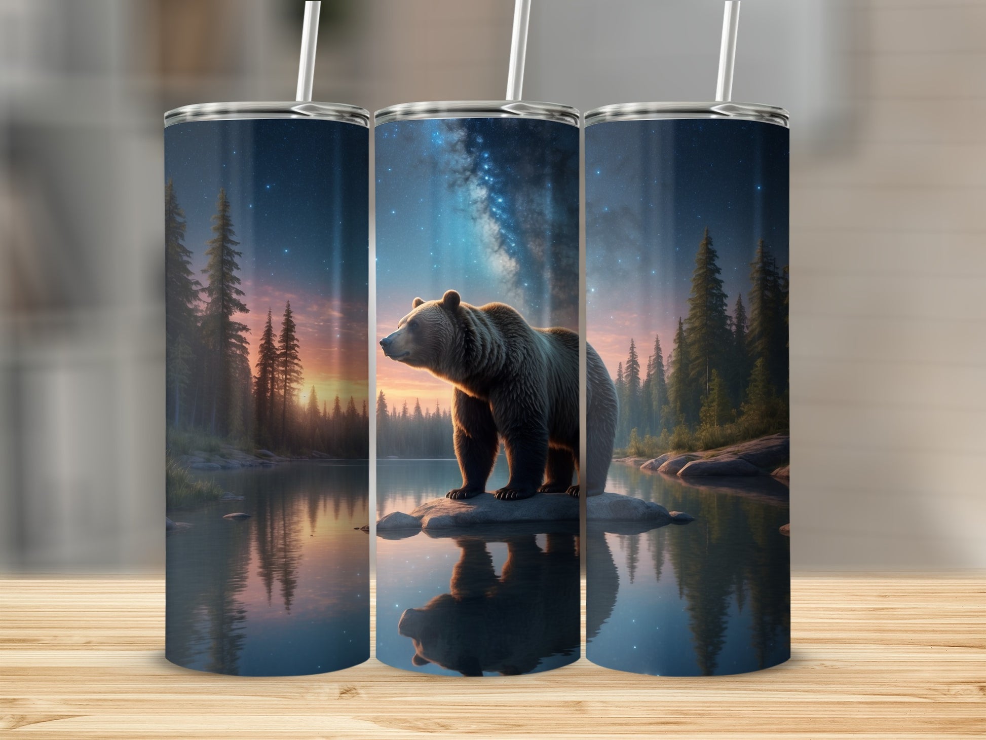 Bear standing on rock in starry night landscape, reflected in water.