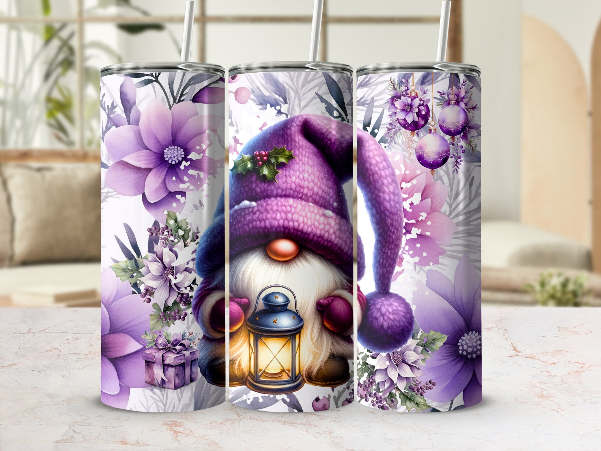 Gnome wearing purple hat holding lantern, surrounded by purple flowers and ornaments.