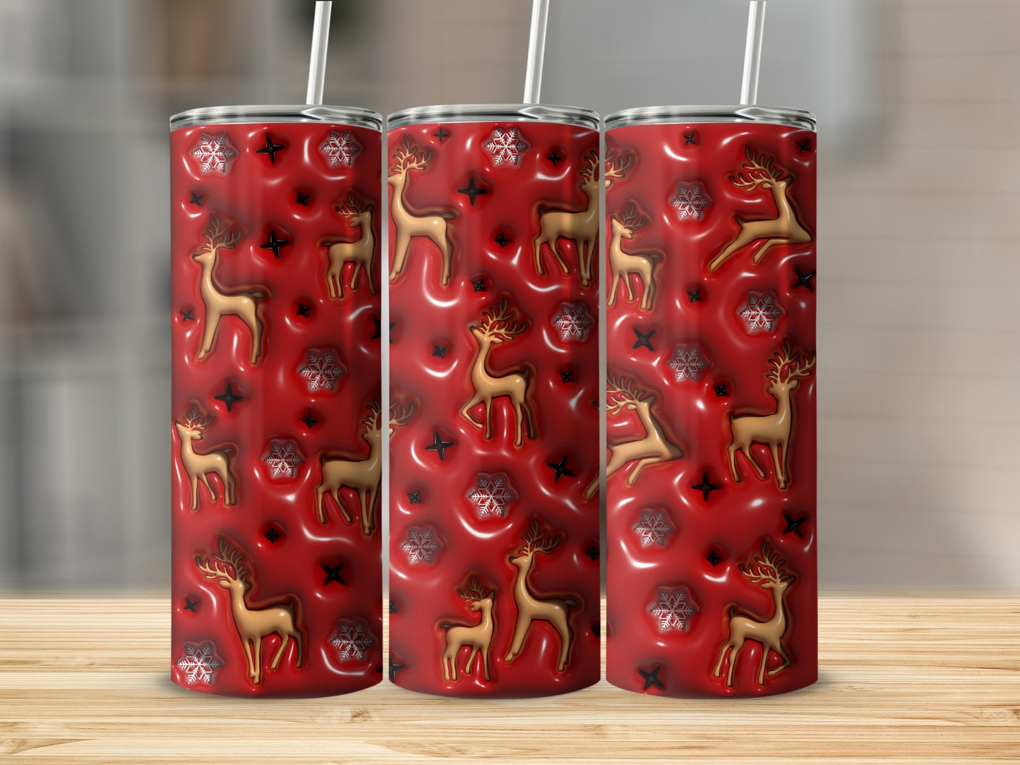 Red Festive Reindeer and Snowflakes Pattern Tumbler