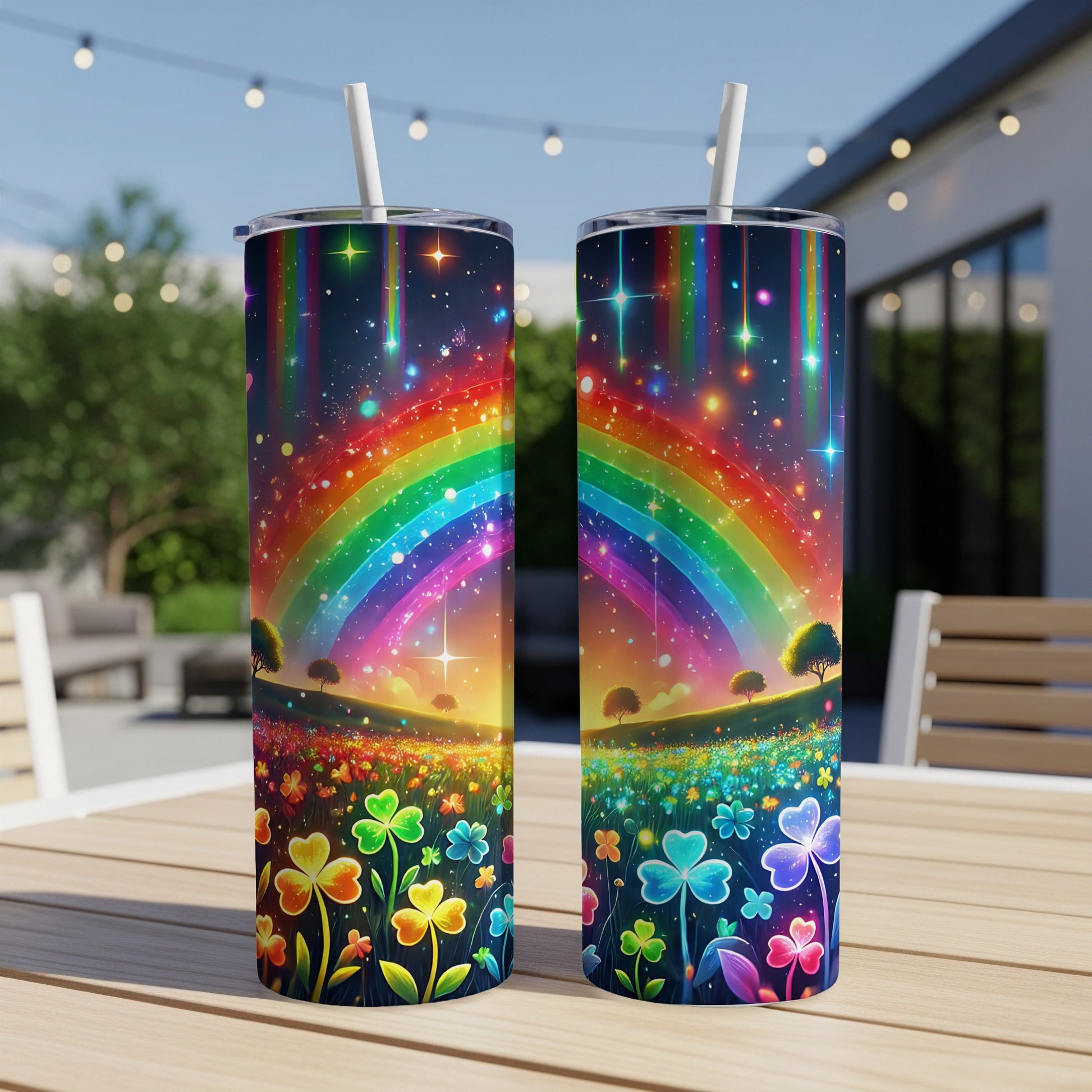 Two tall tumblers with a rainbow and shamrock design.