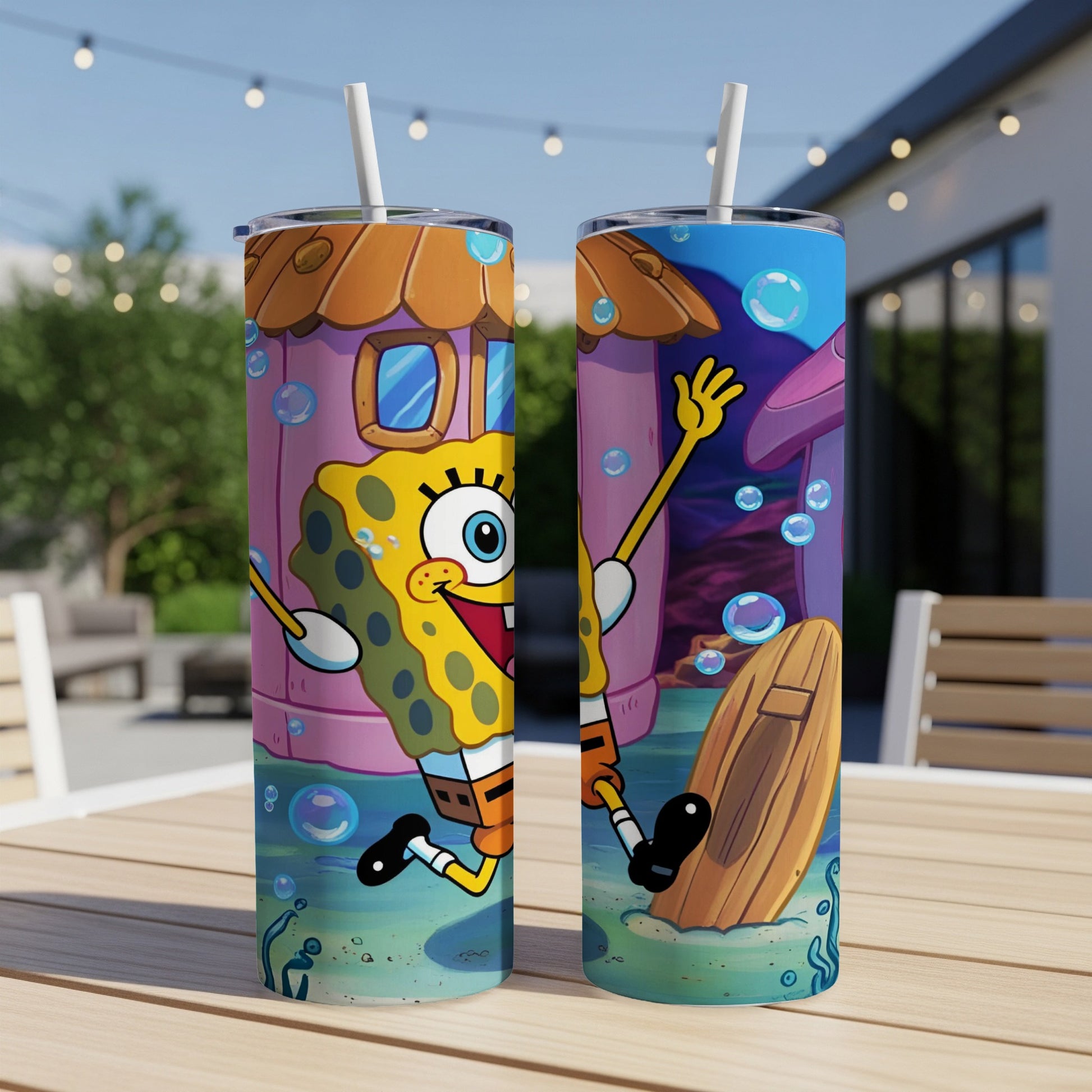SpongeBob SquarePants on a pink Krusty Krab inspired tumbler.