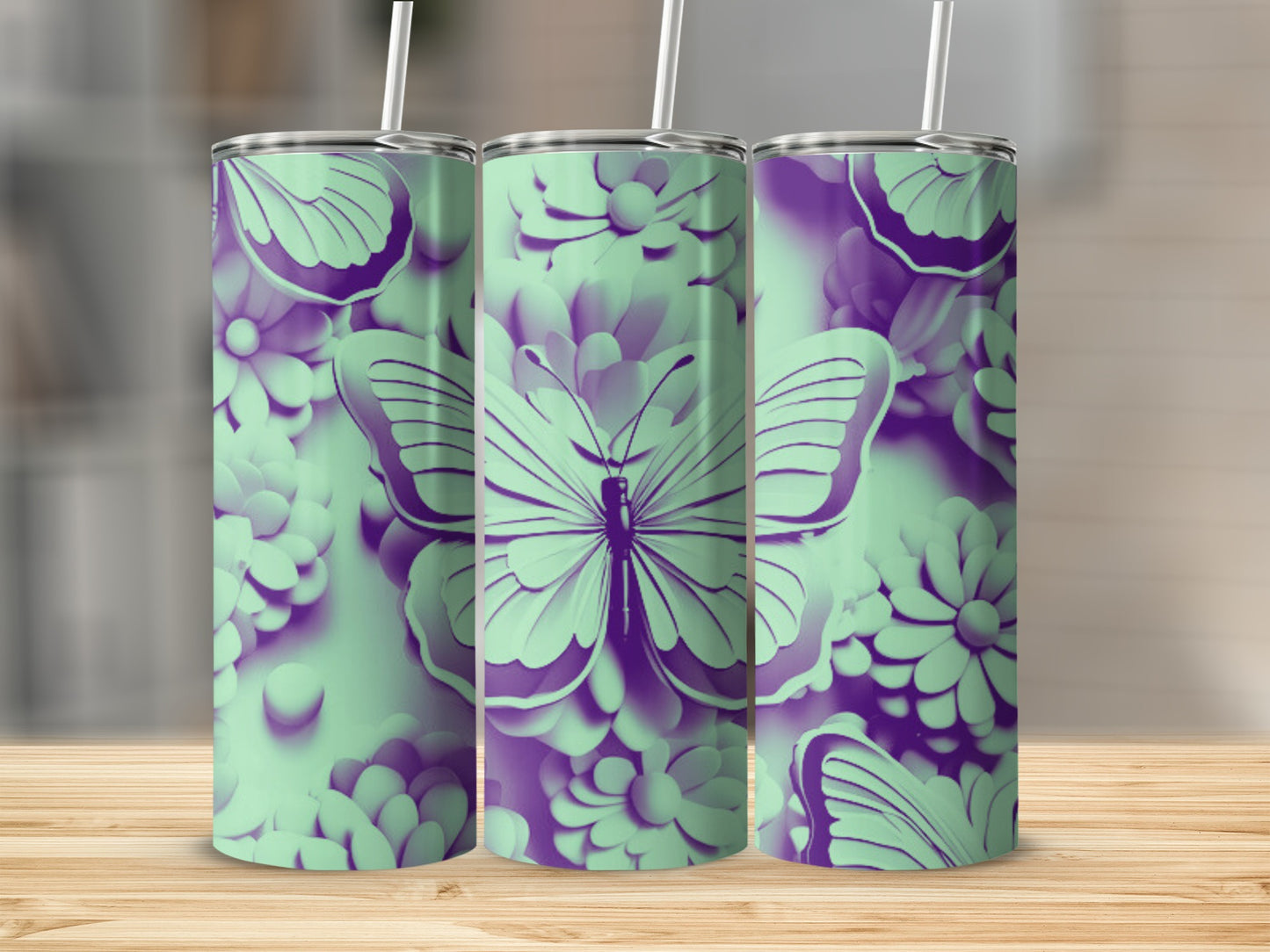 Triptych of mint green tumblers with purple butterfly and floral designs.