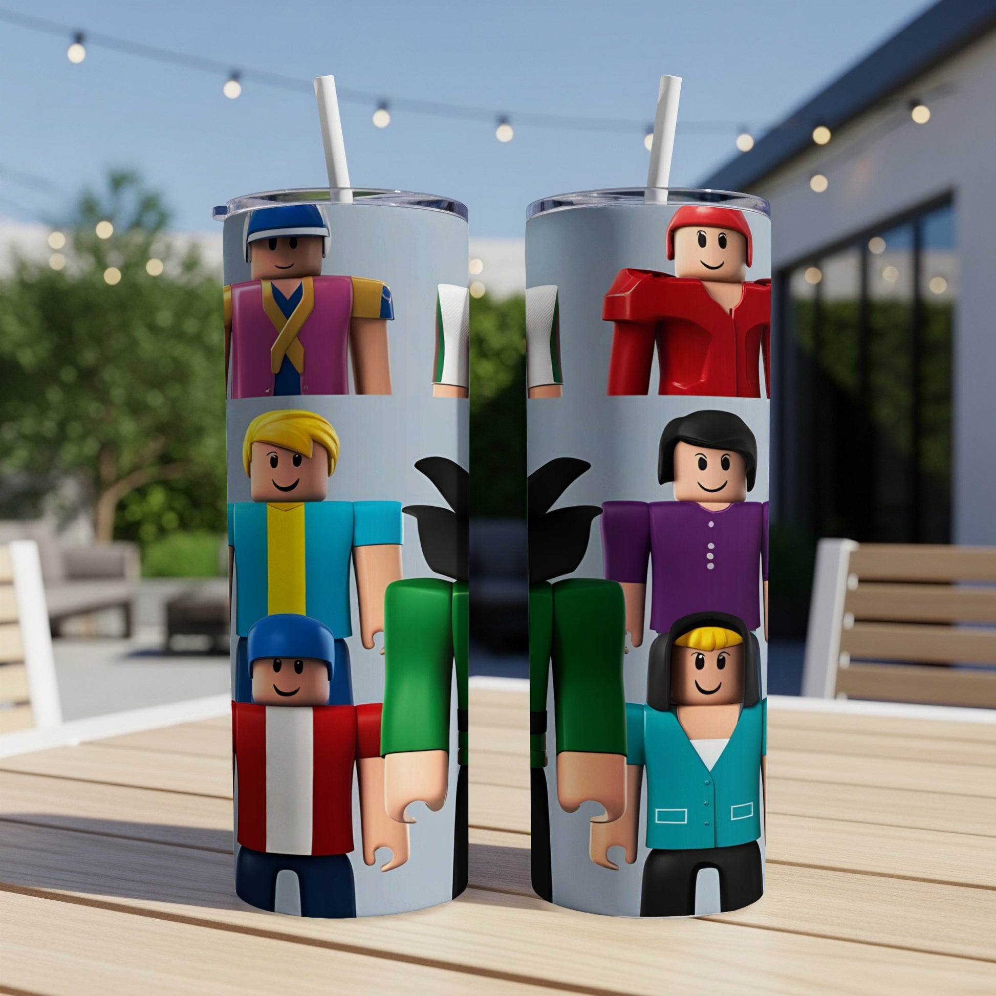 Roblox characters in colorful outfits stacked vertically on a tumbler.
