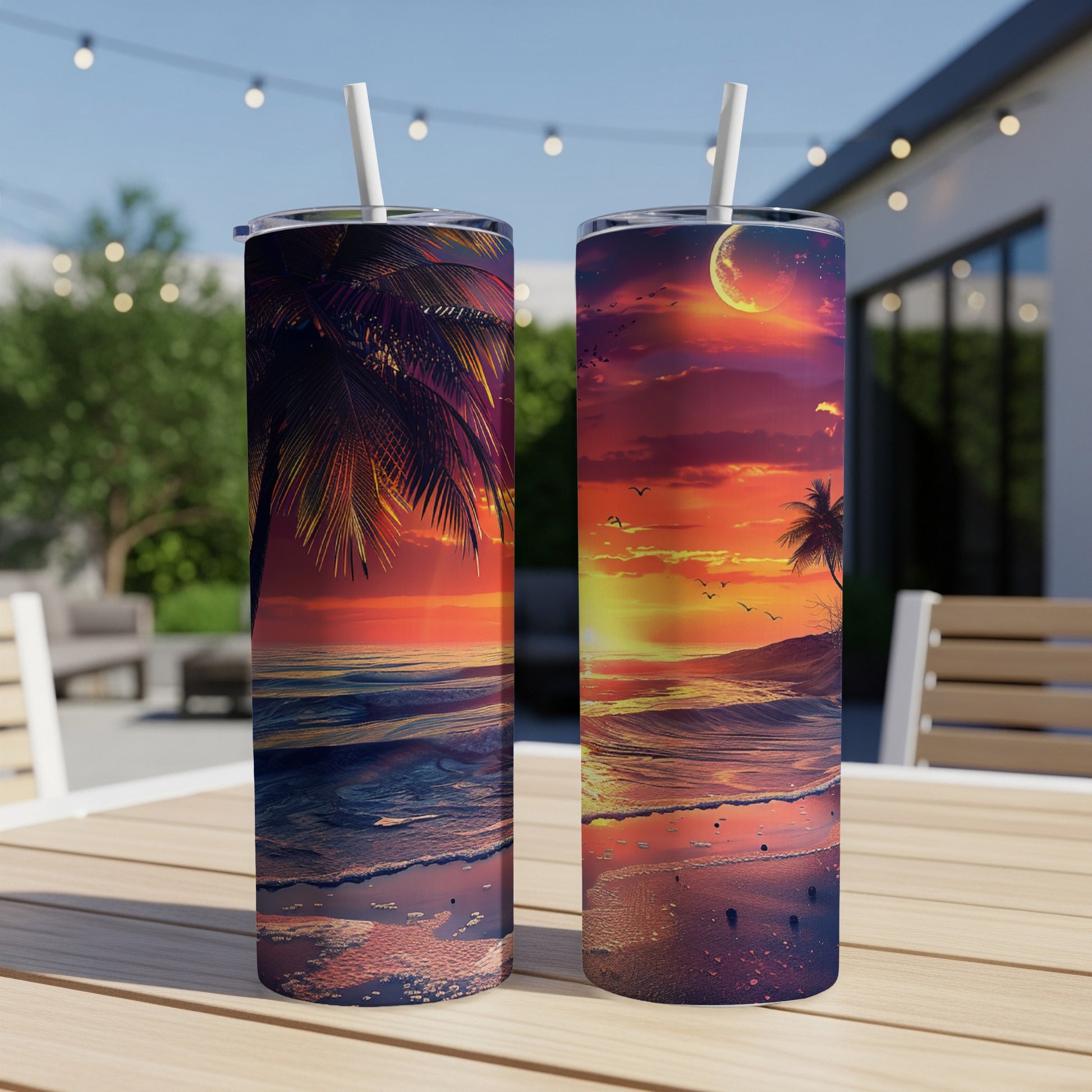 Two tumblers displaying a vibrant sunset beach scene with palm trees and a moon.