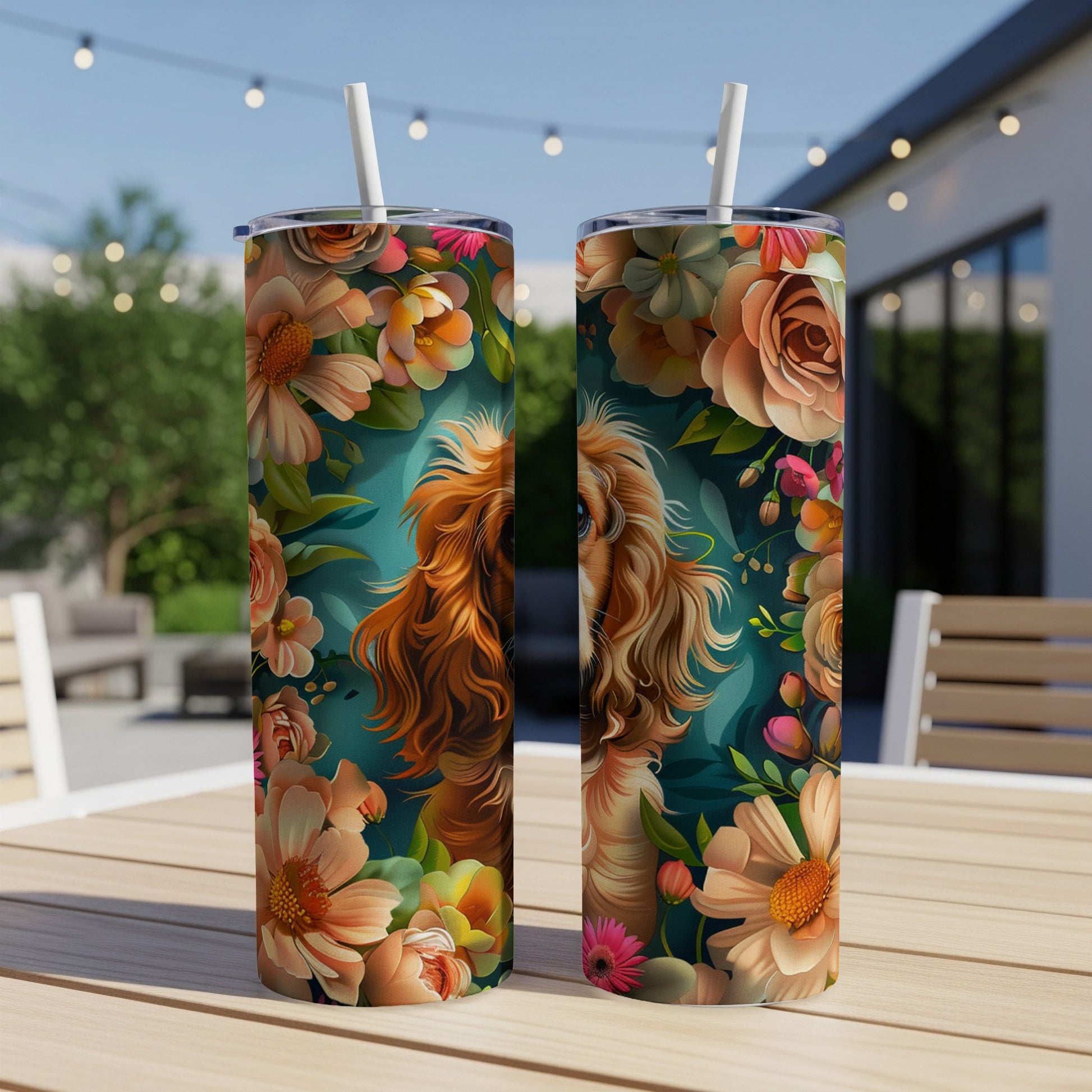 Two tumblers with a golden retriever face surrounded by colorful flowers.