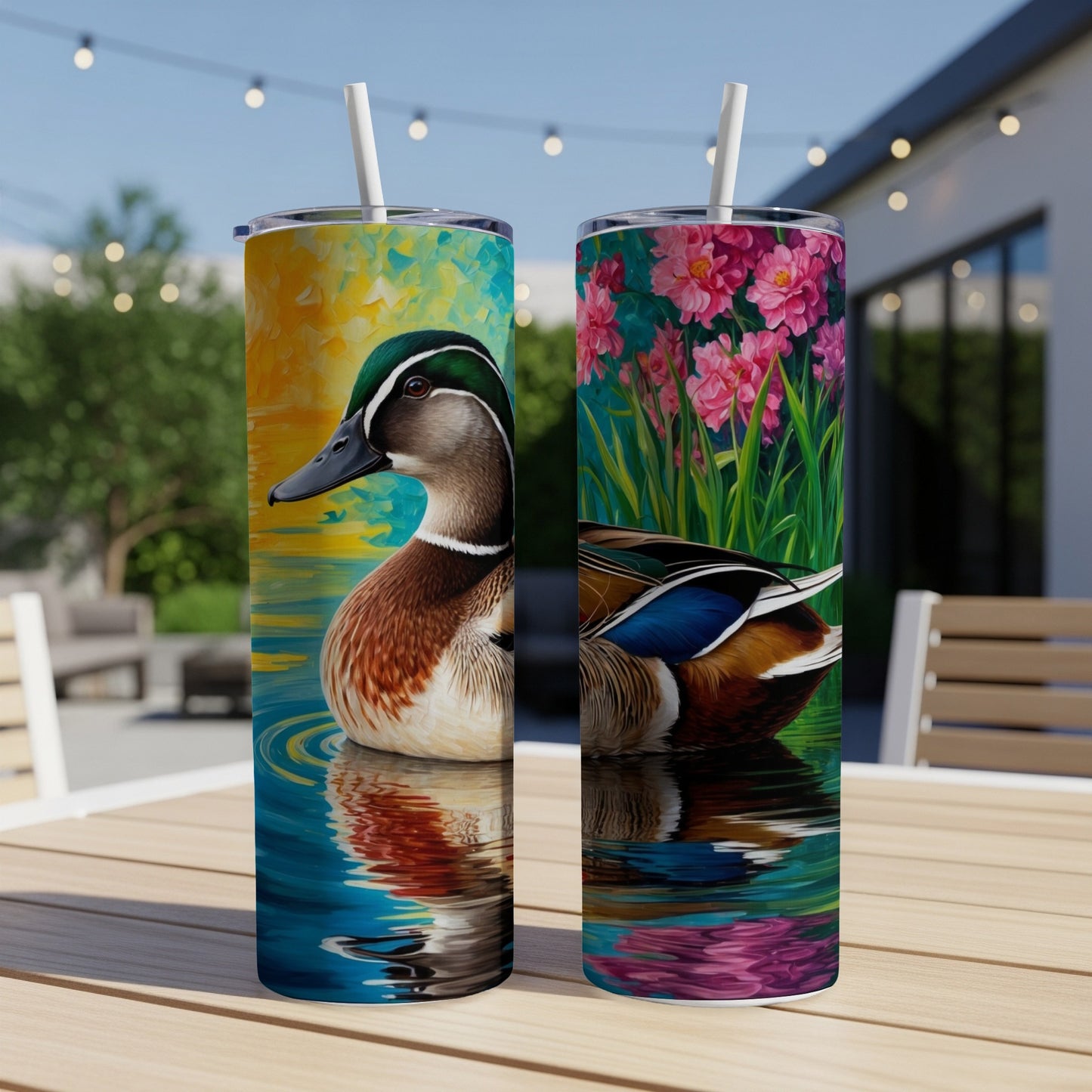 Two tall tumblers featuring a wood duck in water and a floral design.