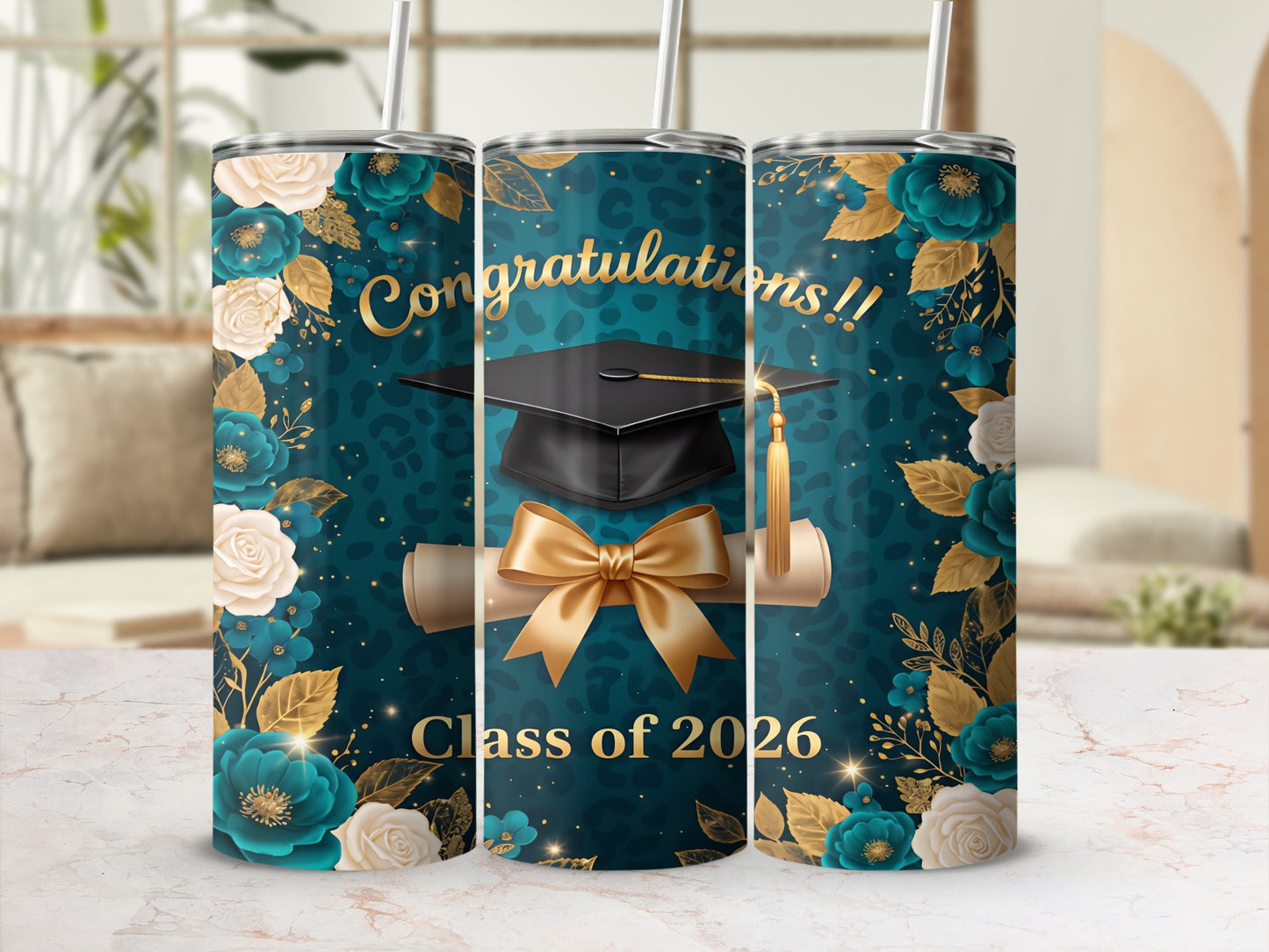 Graduation tumbler with "Congratulations!!" and "Class of 2026" text.