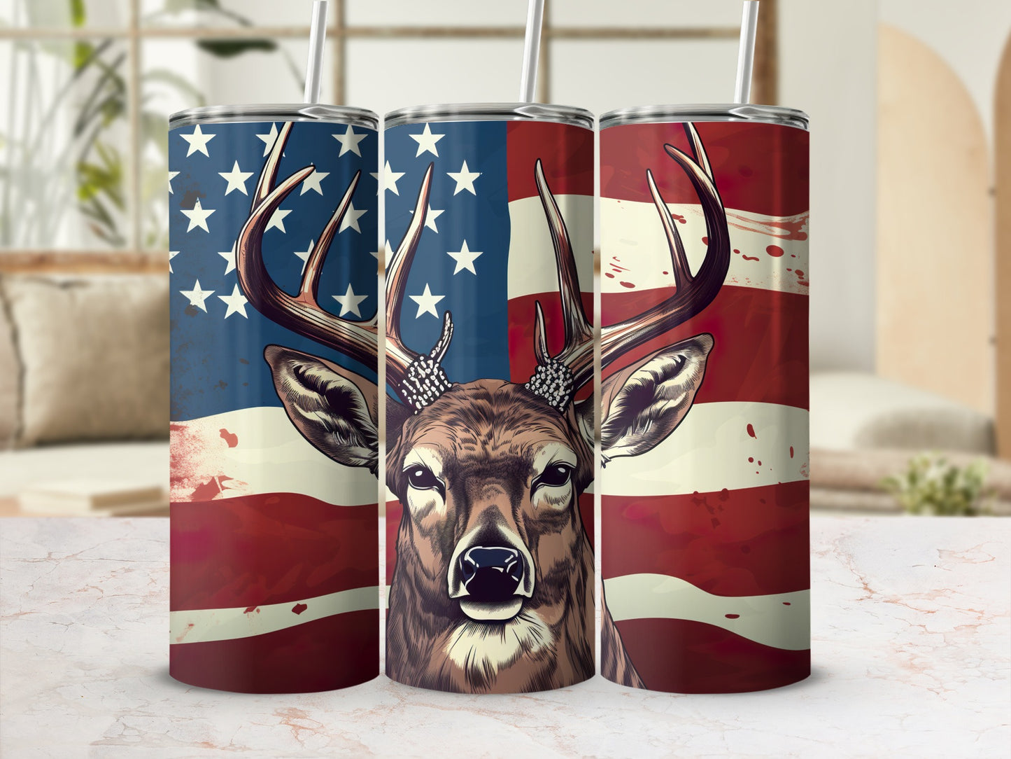 Tumbler with deer and American flag design.