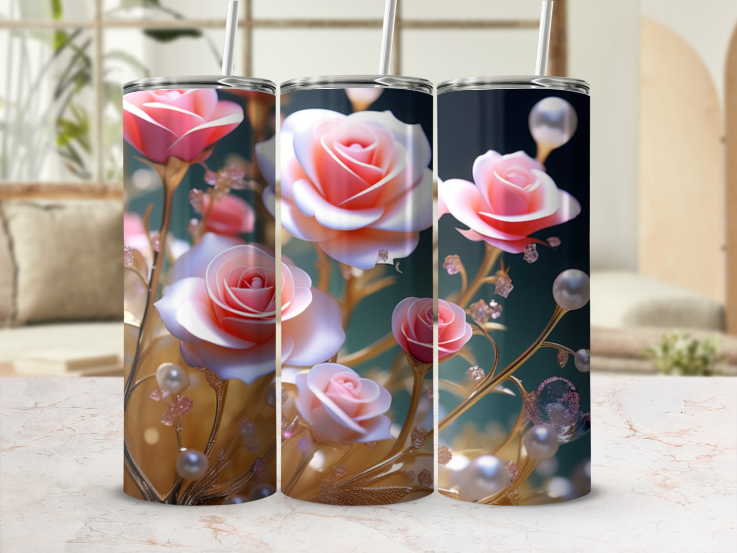 Pink roses and pearls on a gold patterned tumbler with a straw.