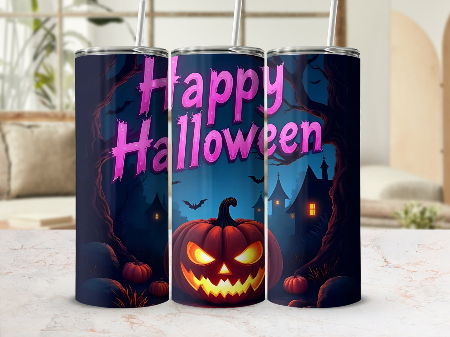 Three tumblers with a "Happy Halloween" design featuring a jack-o'-lantern and spooky houses.