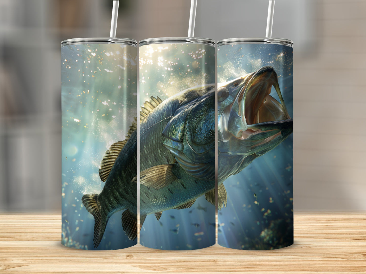 Large bass fish jumping with open mouth, underwater scene.