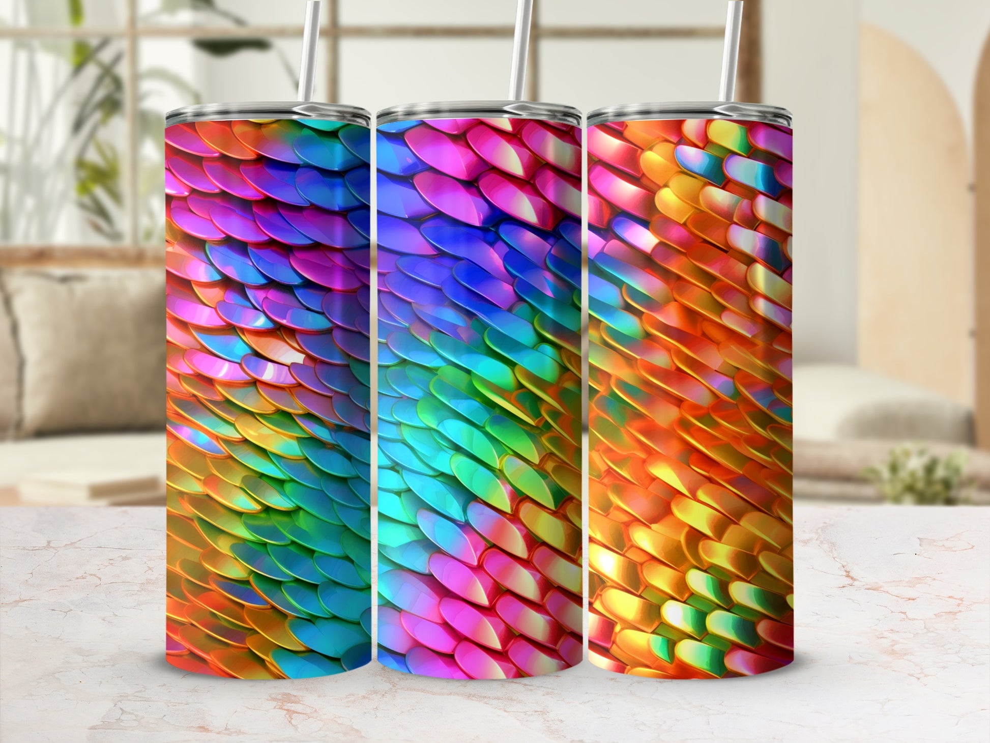 Three tumblers with iridescent scale patterns in various color gradients.