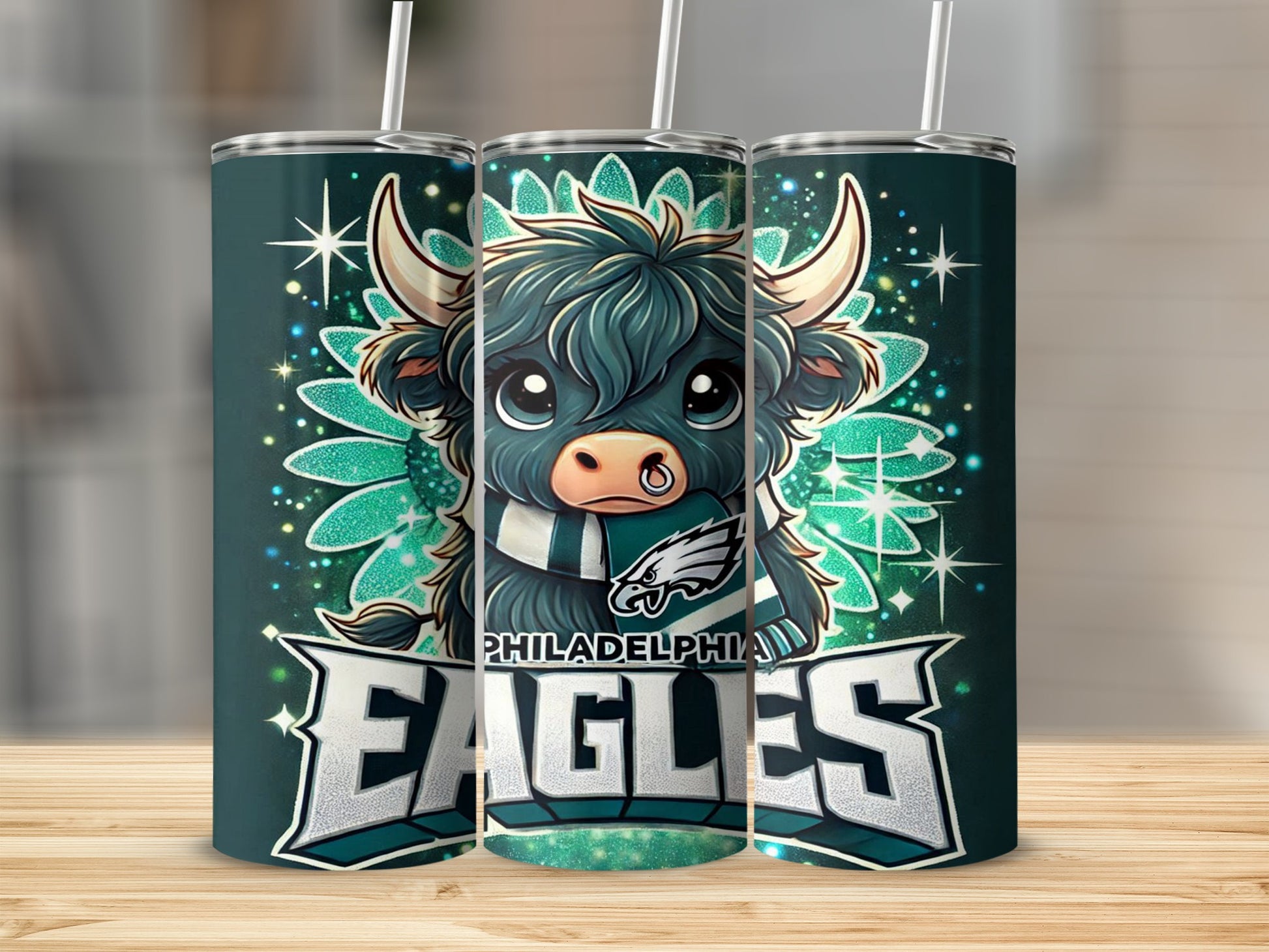 Philadelphia Eagles Highland cow graphic on a dark green tumbler.